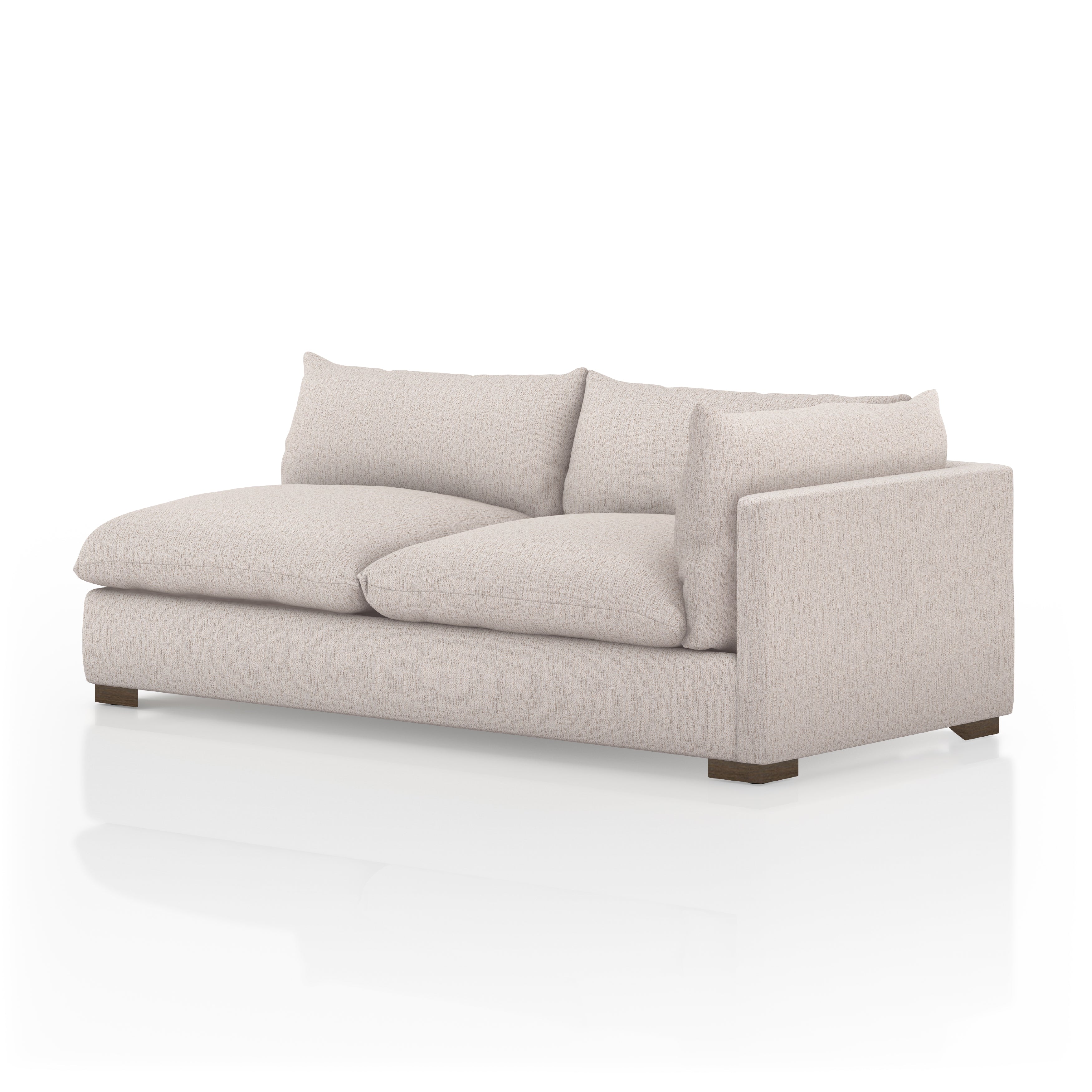 Featuring Westwood Sectional Pieces - Bayside Pebble by Four Hands at Amethyst Home. Meet the ultimate modular lounger. Knife edge cushioning is upholstered in a stone-colored high-performance fabric, perfect for modern living. Ottoman piece to matching sectional. Performance fabrics are specially created to withstand spills, stains, high traffic and wear, . Amethyst Home provides interior design, new home construction design consulting, vintage area rugs, and lighting in the Monterey metro area.