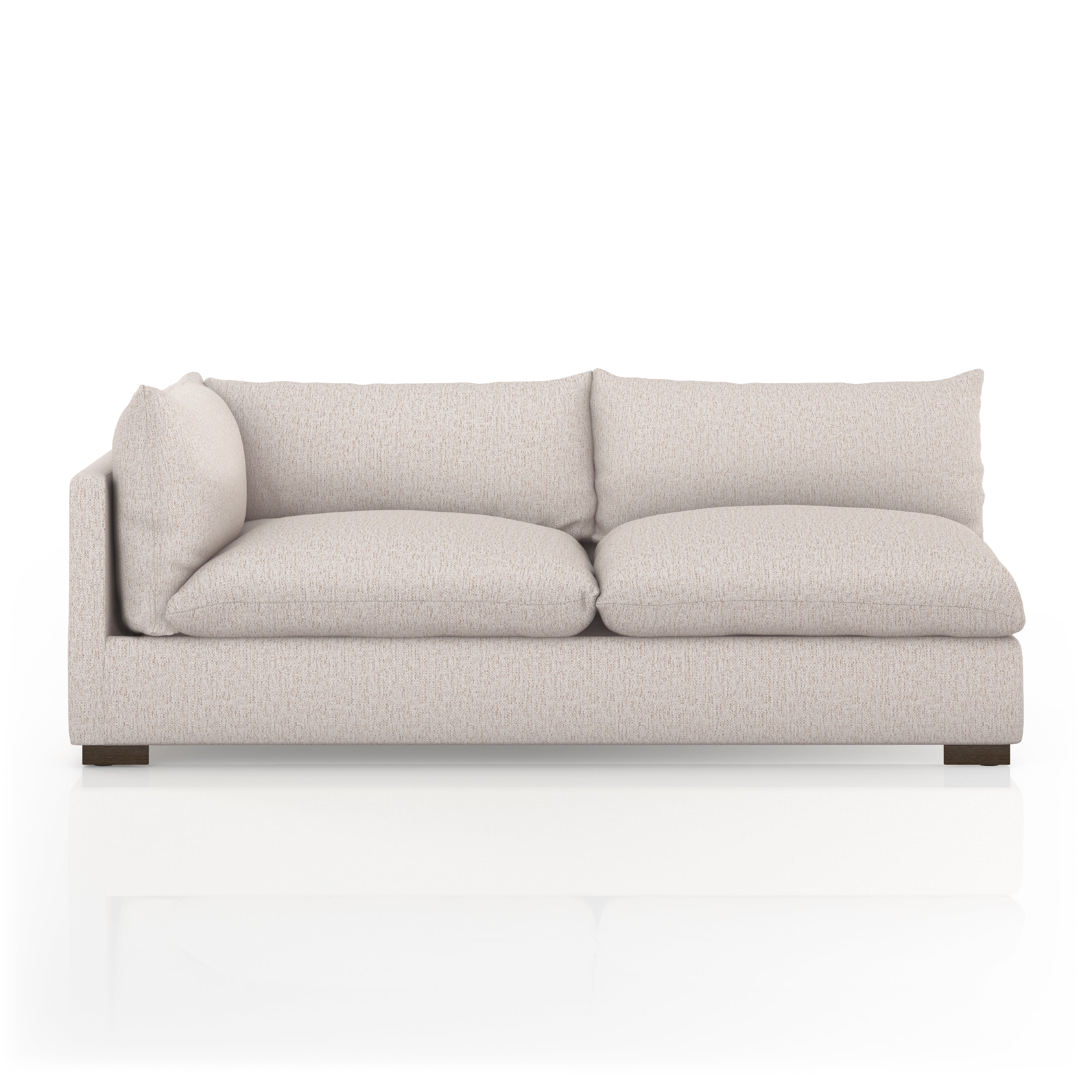 Featuring Westwood Sectional Pieces - Bayside Pebble by Four Hands at Amethyst Home. Meet the ultimate modular lounger. Knife edge cushioning is upholstered in a stone-colored high-performance fabric, perfect for modern living. Ottoman piece to matching sectional. Performance fabrics are specially created to withstand spills, stains, high traffic and w. Amethyst Home provides interior design, new home construction design consulting, vintage area rugs, and lighting in the Newport Beach metro area.