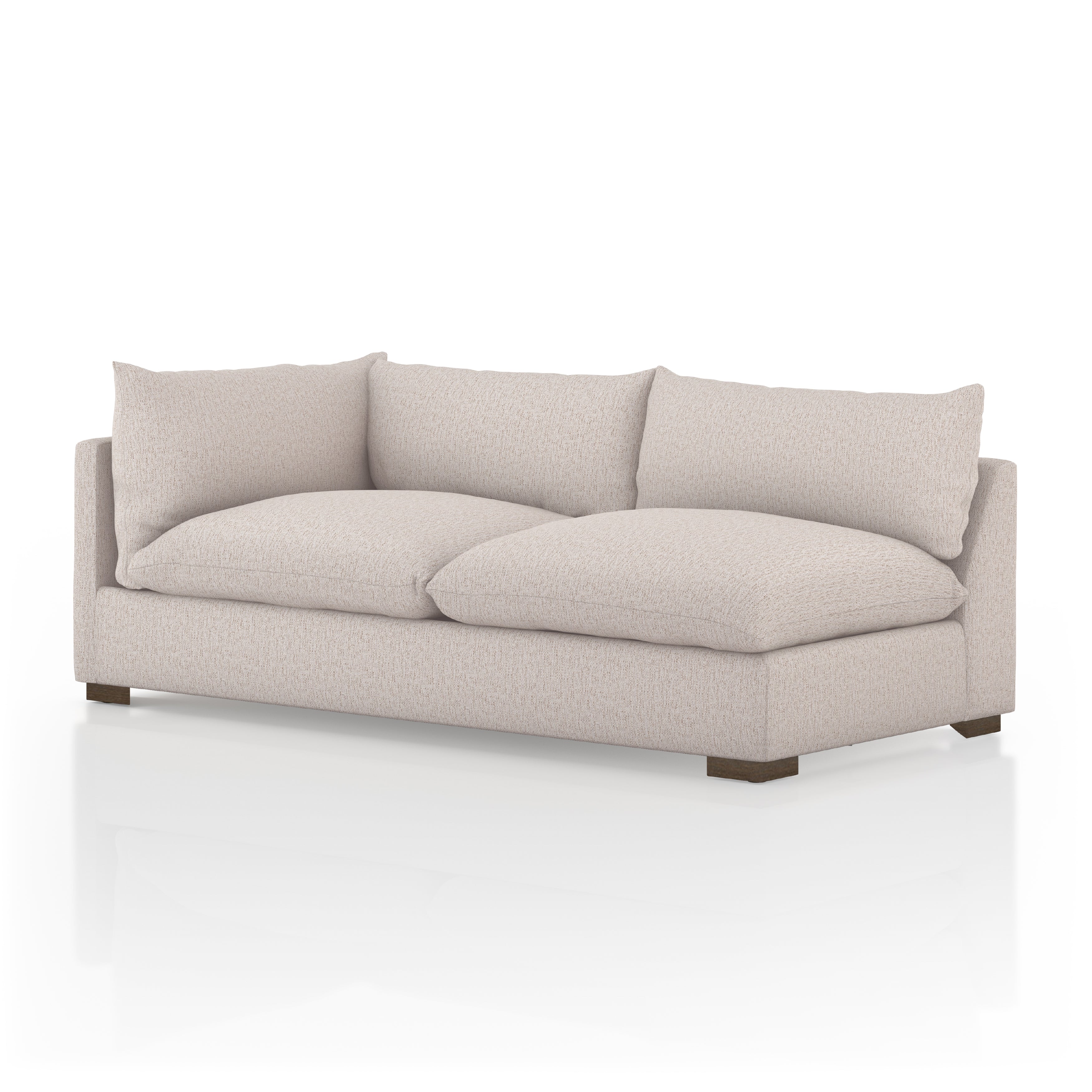 Featuring Westwood Sectional Pieces - Bayside Pebble by Four Hands at Amethyst Home. Meet the ultimate modular lounger. Knife edge cushioning is upholstered in a stone-colored high-performance fabric, perfect for modern living. Ottoman piece to matching sectional. Performance fabrics are specially created to withstand spills, stains, high traffic and wear, en. Amethyst Home provides interior design, new home construction design consulting, vintage area rugs, and lighting in the Dallas metro area.