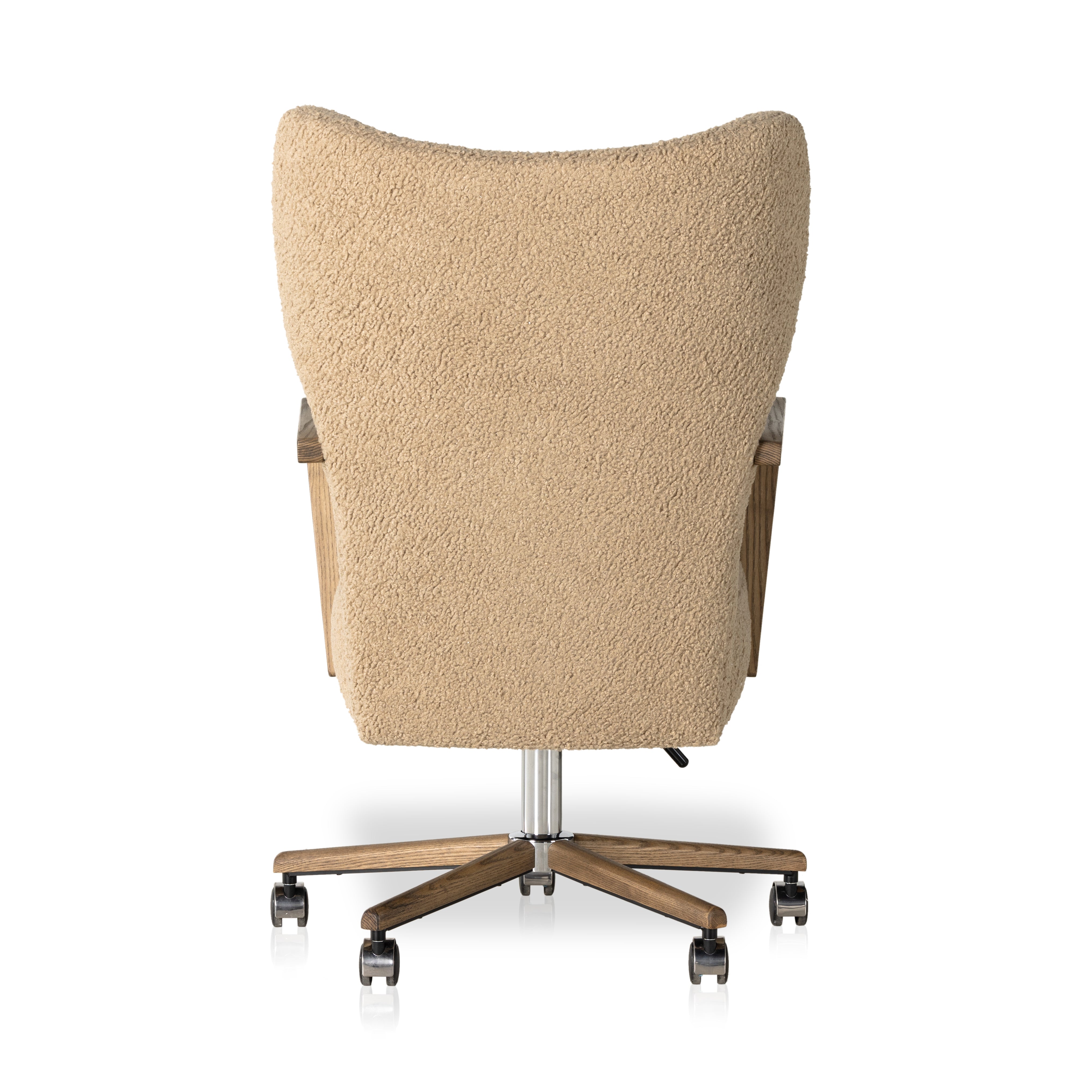 Featuring Melrose Sheepskin Camel Desk Chair by Four Hands at Amethyst Home. A comfort-driven desk chair features soft, textural upholstery in a versatile camel, framed by solid ash arms. A height-adjustable swivel base with casters makes for ease in the modern office.Overall Dimensions: 24.50"W x 27.25"L x 40"HColors: Amber Ash, Polished Aluminum, Sheepskin Ca. Amethyst Home provides interior design, new home construction design consulting, vintage area rugs, and lighting in the Tempe metro area.
