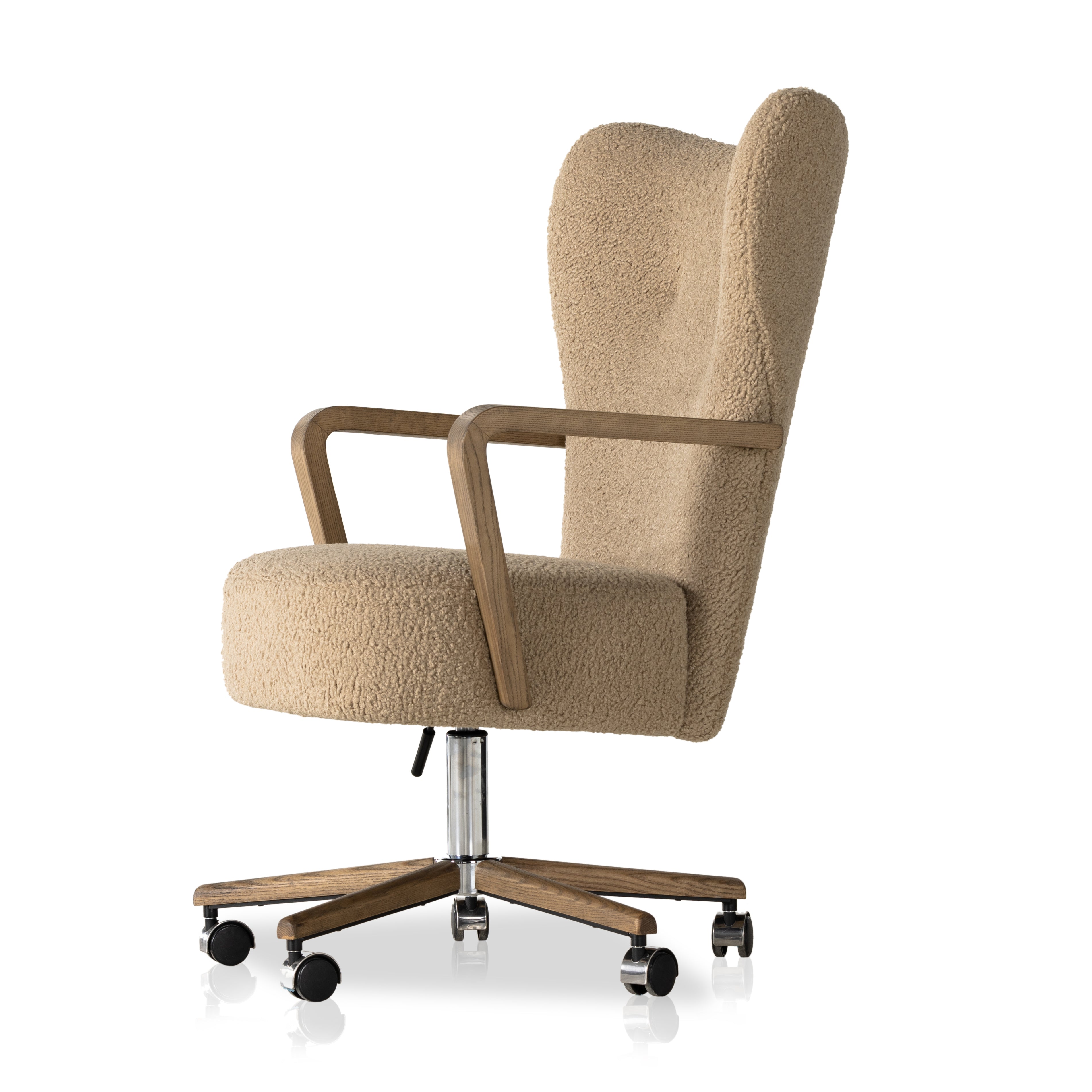 Featuring Melrose Sheepskin Camel Desk Chair by Four Hands at Amethyst Home. A comfort-driven desk chair features soft, textural upholstery in a versatile camel, framed by solid ash arms. A height-adjustable swivel base with casters makes for ease in the modern office.Overall Dimensions: 24.50"W x 27.25"L x 40"HColors: Amber Ash, Polished Aluminum, Sheepskin . Amethyst Home provides interior design, new home construction design consulting, vintage area rugs, and lighting in the Chicago metro area.