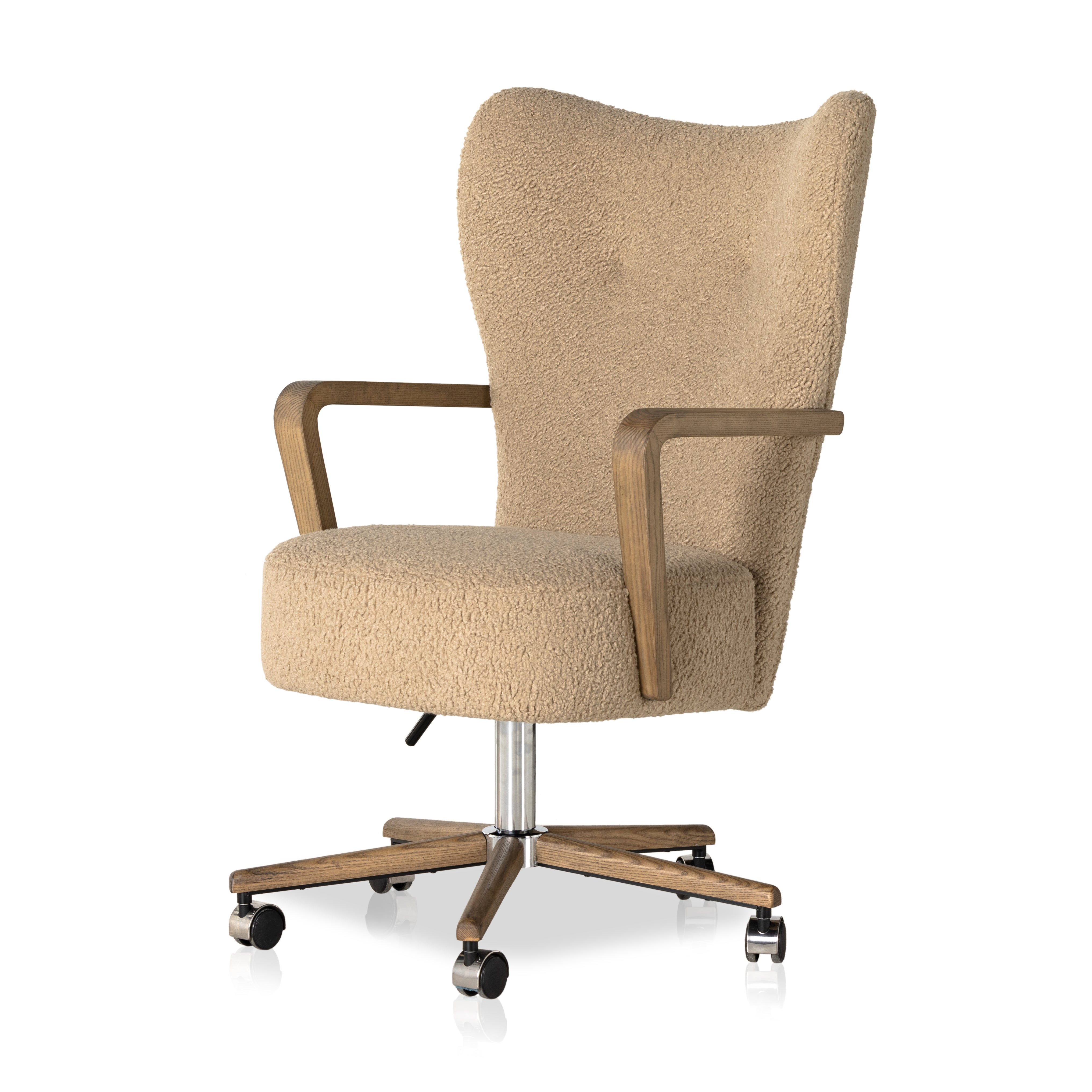 Featuring Melrose Sheepskin Camel Desk Chair by Four Hands at Amethyst Home. A comfort-driven desk chair features soft, textural upholstery in a versatile camel, framed by solid ash arms. A height-adjustable swivel base with casters makes for ease in the modern office.Overall Dimensions: 24.50"W x 27.25"L x 40"HColors: Amber Ash, Polished Aluminum, Sheepsk. Amethyst Home provides interior design, new home construction design consulting, vintage area rugs, and lighting in the Dana Point metro area.