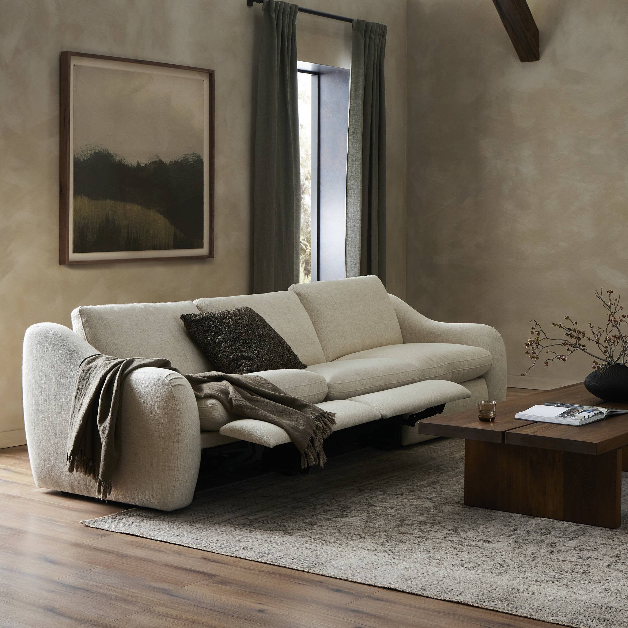 Featuring Crawford Antigo Natural Power Recliner 3-Piece Sectional Sofa by Four Hands at Amethyst Home. A fresh take on the classic recliner. Customize your comfort level with the push of hidden buttons with pieces in our Power Motion collection. Sculpted in light, versatile high-performance fabric. Performance fabrics are specially created to withstand sp. Amethyst Home provides interior design, new home construction design consulting, vintage area rugs, and lighting in the Alpharetta metro area.