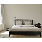 Featuring Spindle Oak Black Bed by Ethnicraft at Amethyst Home. The Spindle collection found its inspiration in the traditional spinning wheel and incorporates perfectly aligned spokes into the headboard. Slightly tapered legs and rounded edges add a soft, sensual quality to this beautiful bedroom collection.Overall Dimensions: 84" W x 80" L x 38.5" H Weight .  Amethyst Home provides interior design, new home construction design consulting, vintage area rugs, and lighting in the Dallas metro area.