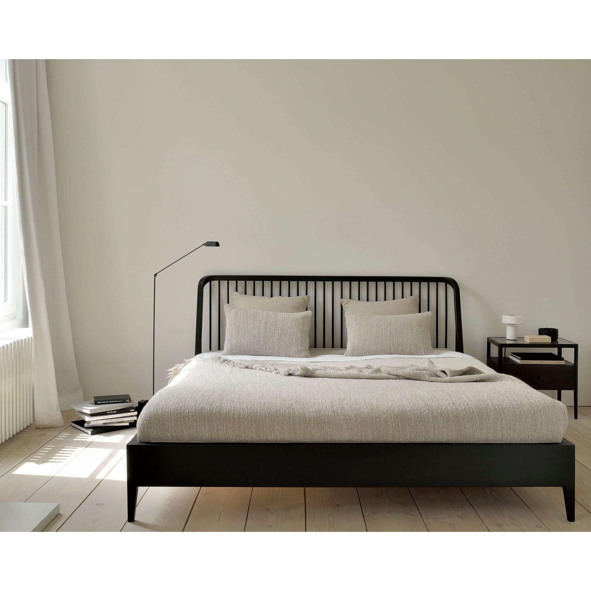 Featuring Spindle Oak Black Bed by Ethnicraft at Amethyst Home. The Spindle collection found its inspiration in the traditional spinning wheel and incorporates perfectly aligned spokes into the headboard. Slightly tapered legs and rounded edges add a soft, sensual quality to this beautiful bedroom collection.Overall Dimensions: 84" W x 80" L x 38.5" H Weight .  Amethyst Home provides interior design, new home construction design consulting, vintage area rugs, and lighting in the Dallas metro area.