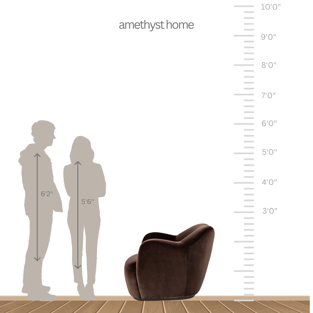 Featuring Julius Surrey Cocoa Swivel Chair by Four Hands at Amethyst Home. Velvety chocolate-brown upholstery pairs with an S-spring seat and enveloped frame for an inviting look and feel on this 360-degree swivel chair.
Collection: WestgateColors: Sienna Brown, Surrey CocoaMaterials: Solid Parawood, 76.8% Co, 23.2% PlOverall Dimensions: 35"W x 36"L x 29.50"HW. Amethyst Home provides interior design, new home construction design consulting, vintage area rugs, and lighting in the Boston metro area.