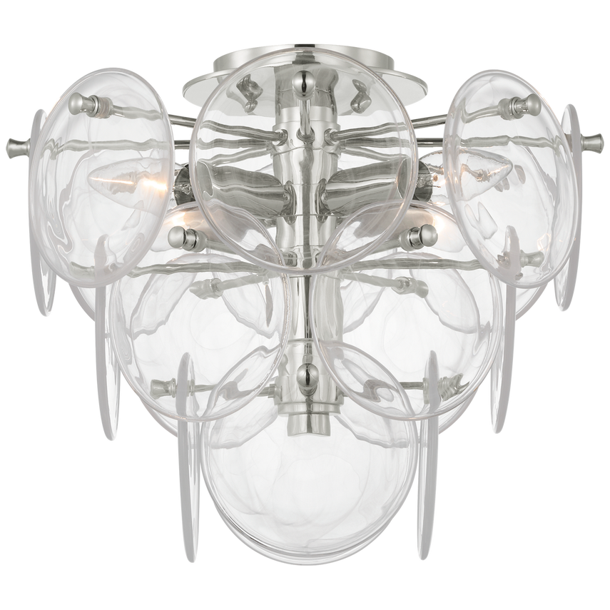 Featuring Loire Medium Tiered Flush Mount by Visual Comfort at Amethyst Home. The Loire by AERIN evokes mid-century Italian elegance while adding modern updates in design and finishes. The fluid and dynamic silhouettes cascade and inspire through the distinctive glow of light softly filtered through hand-blown white strié glass discs. Larger pieces c.  Amethyst Home provides interior design, new home construction design consulting, vintage area rugs, and lighting in the Salt Lake City metro area.