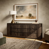 Featuring Abaso Ebony Rustic Wormwood Oak 6-Drawer Dresser by Four Hands at Amethyst Home. Made from thick-cut oak veneer with a faux rustic finish made to emulate wormwood, this six-drawer dresser features chunky squared legs and dovetail joinery detailing.Overall Dimensions: 80.00"w x 20.00"d x 32.00"hWeight : 304.01 lbsMaterials : Thick Oak Veneer, Engineered Hardwood. Amethyst Home provides interior design, new construction, custom furniture, and area rugs in the Boston metro area
