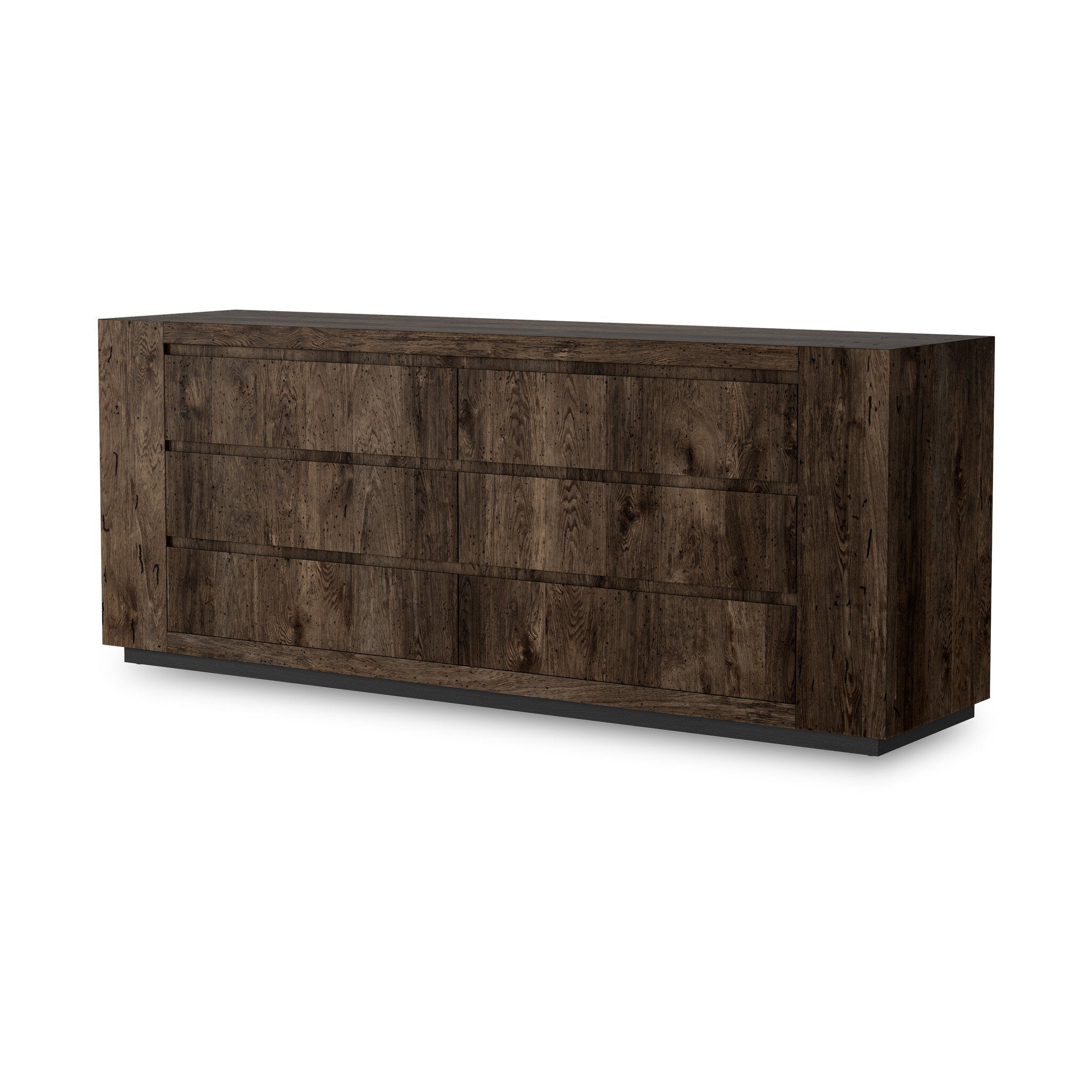 Featuring Abaso Ebony Rustic Wormwood Oak 6-Drawer Dresser by Four Hands at Amethyst Home. Made from thick-cut oak veneer with a faux rustic finish made to emulate wormwood, this six-drawer dresser features chunky squared legs and dovetail joinery detailing.Overall Dimensions: 80.00"w x 20.00"d x 32.00"hWeight : 304.01 lbsMaterials : Thick Oak Veneer, Engineered Hardwood. Amethyst Home provides interior design, new construction, custom furniture, and area rugs in the Des Moines metro area