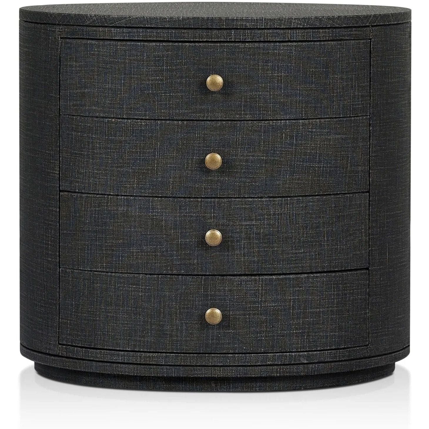 Featuring Amelia Black Linen Oval Nightstand by Four Hands at Amethyst Home. Uniquely made from black-painted linen, a beautifully curved nightstand shapes four drawers for generous bedside storage.Overall Dimensions: 26.00"w x 20.00"d x 24.00"hWeight : 87.08 lbsMaterials: Painted Linen, Engineered Hardwood. Amethyst Home provides interior design, new home construction design consulting, vintage area rugs, and lighting in the Scottsdale metro area.