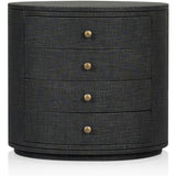 Featuring Amelia Black Linen Oval Nightstand by Four Hands at Amethyst Home. Uniquely made from black-painted linen, a beautifully curved nightstand shapes four drawers for generous bedside storage.Overall Dimensions: 26.00"w x 20.00"d x 24.00"hWeight : 87.08 lbsMaterials: Painted Linen, Engineered Hardwood. Amethyst Home provides interior design, new home construction design consulting, vintage area rugs, and lighting in the Scottsdale metro area.