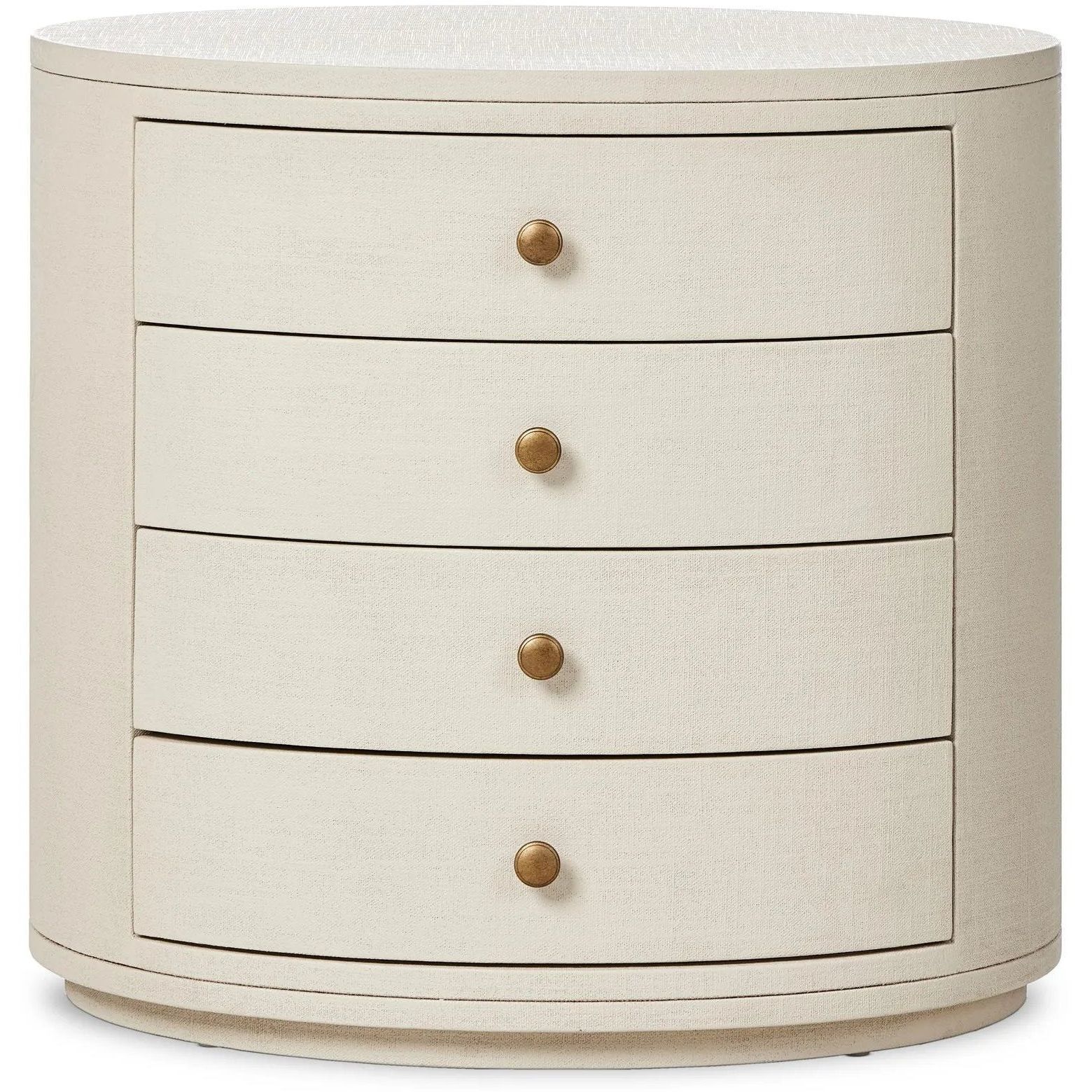 Featuring Amelia Ivory Painted Linen Oval Nightstand by Four Hands at Amethyst Home. Uniquely made from ivory-painted linen, a beautifully curved nightstand shapes four drawers for generous bedside storage.Overall Dimensions: 26.00"w x 20.00"d x 24.00"hWeight : 87.08 lbsMaterials: Painted Linen, Engineered Hardwood. Amethyst Home provides interior design, new home construction design consulting, vintage area rugs, and lighting in the Kansas City metro area.