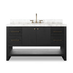 Featuring Anthem Black Wash Oak Veneer Single Wide Vanity by Four Hands at Amethyst Home. Set the tone for a calming, peaceful space with this simple, yet spacious design. Crafted with a wire-brushed, thick oak veneer base in a black wash finish for added character, a Carrera marble top and solid brass hardware. A mix of drawers, cabinets and open shelving offers a variety of storage. Amethyst Home provides interior design, new construction, custom furniture, and area rugs in the Austin metro area