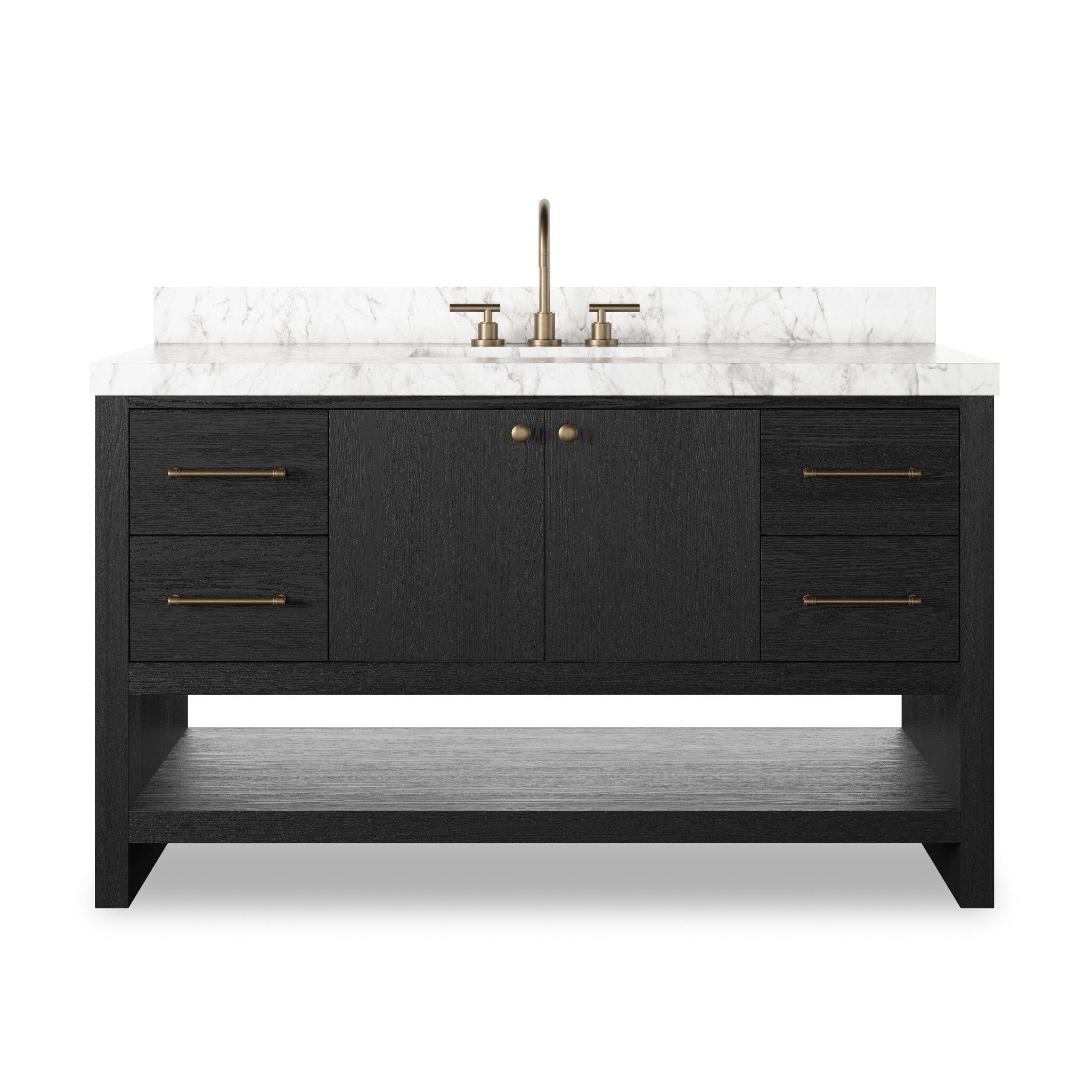 Featuring Anthem Black Wash Oak Veneer Single Wide Vanity by Four Hands at Amethyst Home. Set the tone for a calming, peaceful space with this simple, yet spacious design. Crafted with a wire-brushed, thick oak veneer base in a black wash finish for added character, a Carrera marble top and solid brass hardware. A mix of drawers, cabinets and open shelving offers a variety of storage. Amethyst Home provides interior design, new construction, custom furniture, and area rugs in the Austin metro area