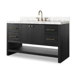 Featuring Anthem Black Wash Oak Veneer Single Wide Vanity by Four Hands at Amethyst Home. Set the tone for a calming, peaceful space with this simple, yet spacious design. Crafted with a wire-brushed, thick oak veneer base in a black wash finish for added character, a Carrera marble top and solid brass hardware. A mix of drawers, cabinets and open shelving offers a variety of storage. Amethyst Home provides interior design, new construction, custom furniture, and area rugs in the Dallas metro area