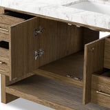 Featuring Anthem Washed Natural Veneer Single Wide Vanity by Four Hands at Amethyst Home. Set the tone for a calming, peaceful space with this simple, yet spacious design. Crafted with a wire-brushed, thick oak veneer base in a natural finish for added character, a Carrera marble top and solid brass hardware. A mix of drawers, cabinets and open shelving offers a variety of storage an. Amethyst Home provides interior design, new construction, custom furniture, and area rugs in the Boston metro area