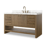 Featuring Anthem Washed Natural Veneer Single Wide Vanity by Four Hands at Amethyst Home. Set the tone for a calming, peaceful space with this simple, yet spacious design. Crafted with a wire-brushed, thick oak veneer base in a natural finish for added character, a Carrera marble top and solid brass hardware. A mix of drawers, cabinets and open shelving offers a variety of storag. Amethyst Home provides interior design, new construction, custom furniture, and area rugs in the Des Moines metro area