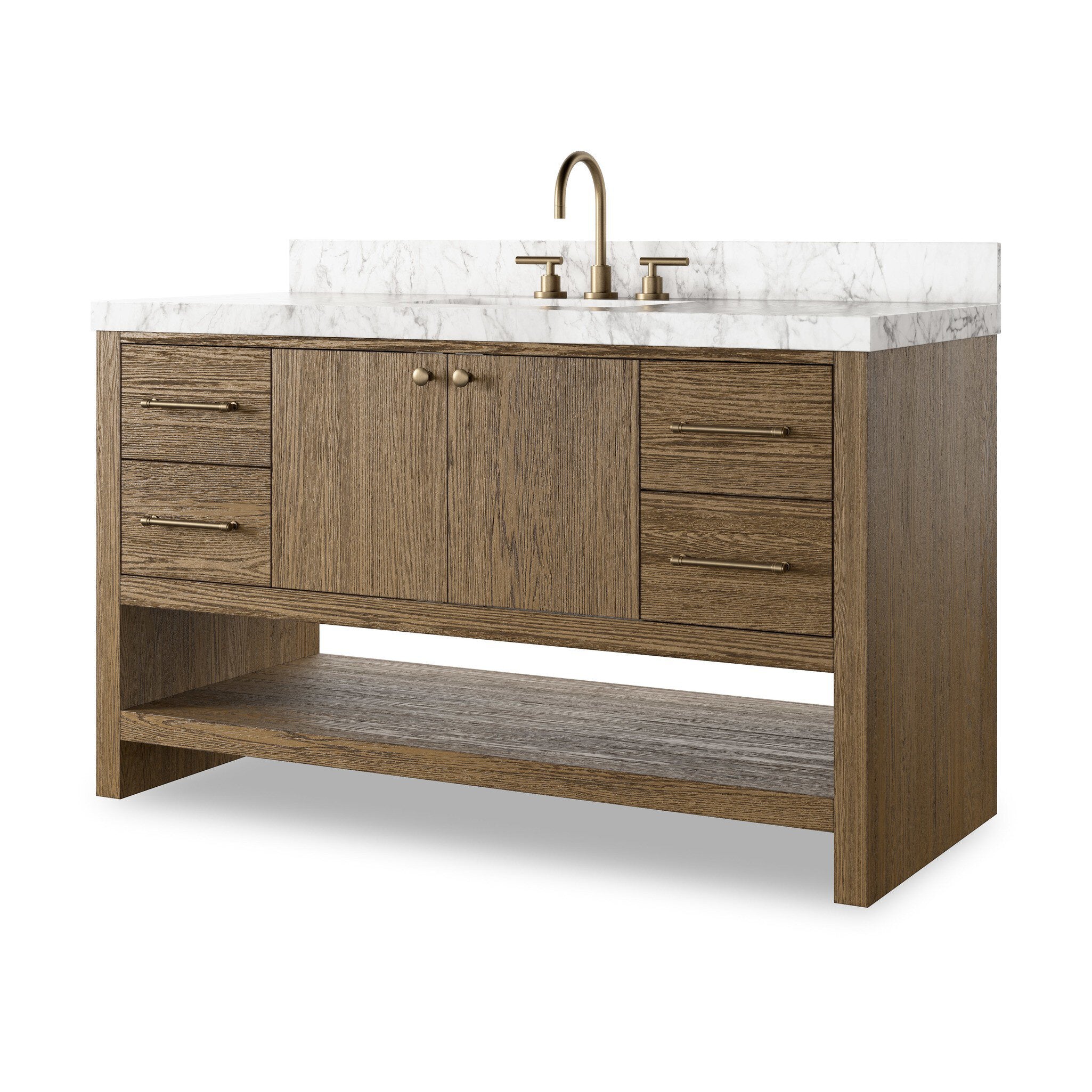 Featuring Anthem Washed Natural Veneer Single Wide Vanity by Four Hands at Amethyst Home. Set the tone for a calming, peaceful space with this simple, yet spacious design. Crafted with a wire-brushed, thick oak veneer base in a natural finish for added character, a Carrera marble top and solid brass hardware. A mix of drawers, cabinets and open shelving offers a variety of storag. Amethyst Home provides interior design, new construction, custom furniture, and area rugs in the Des Moines metro area