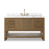 Featuring Anthem Washed Natural Veneer Single Wide Vanity by Four Hands at Amethyst Home. Set the tone for a calming, peaceful space with this simple, yet spacious design. Crafted with a wire-brushed, thick oak veneer base in a natural finish for added character, a Carrera marble top and solid brass hardware. A mix of drawers, cabinets and open shelving offers a variety of stor. Amethyst Home provides interior design, new construction, custom furniture, and area rugs in the Laguna Beach metro area