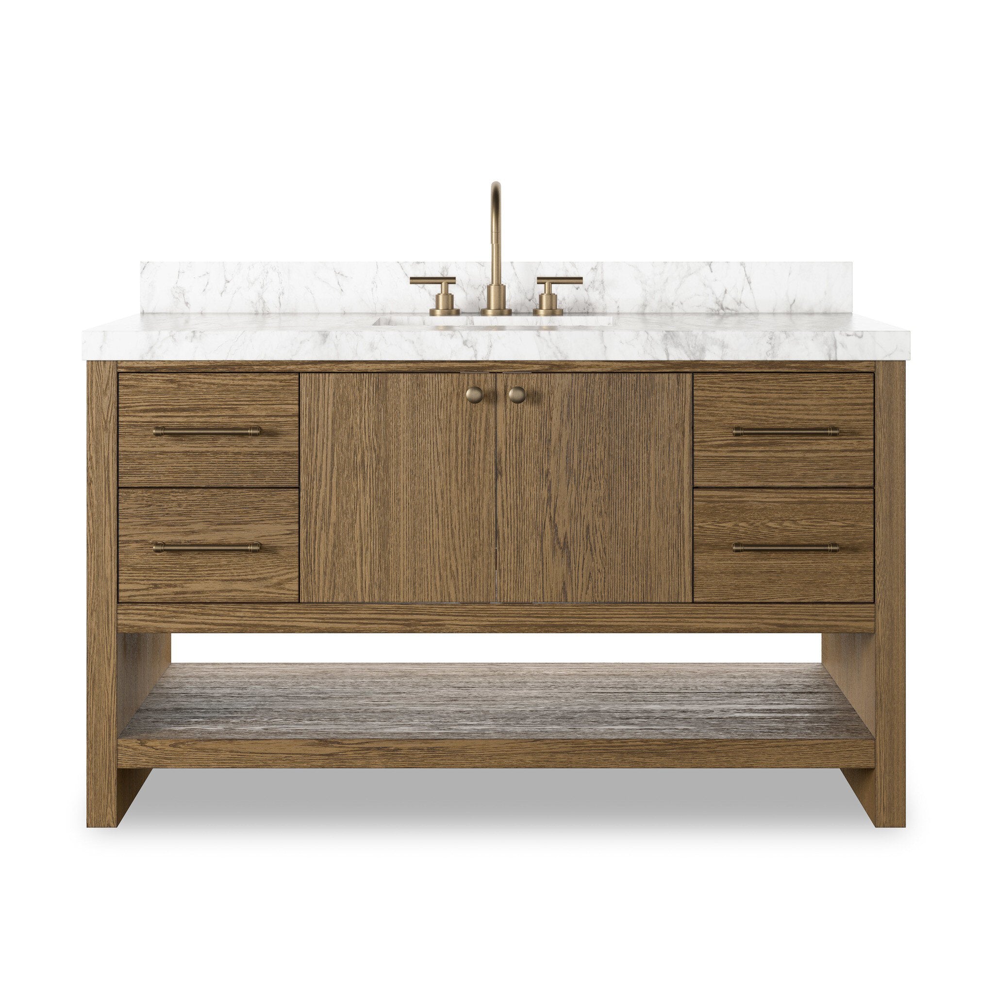 Featuring Anthem Washed Natural Veneer Single Wide Vanity by Four Hands at Amethyst Home. Set the tone for a calming, peaceful space with this simple, yet spacious design. Crafted with a wire-brushed, thick oak veneer base in a natural finish for added character, a Carrera marble top and solid brass hardware. A mix of drawers, cabinets and open shelving offers a variety of stor. Amethyst Home provides interior design, new construction, custom furniture, and area rugs in the Laguna Beach metro area