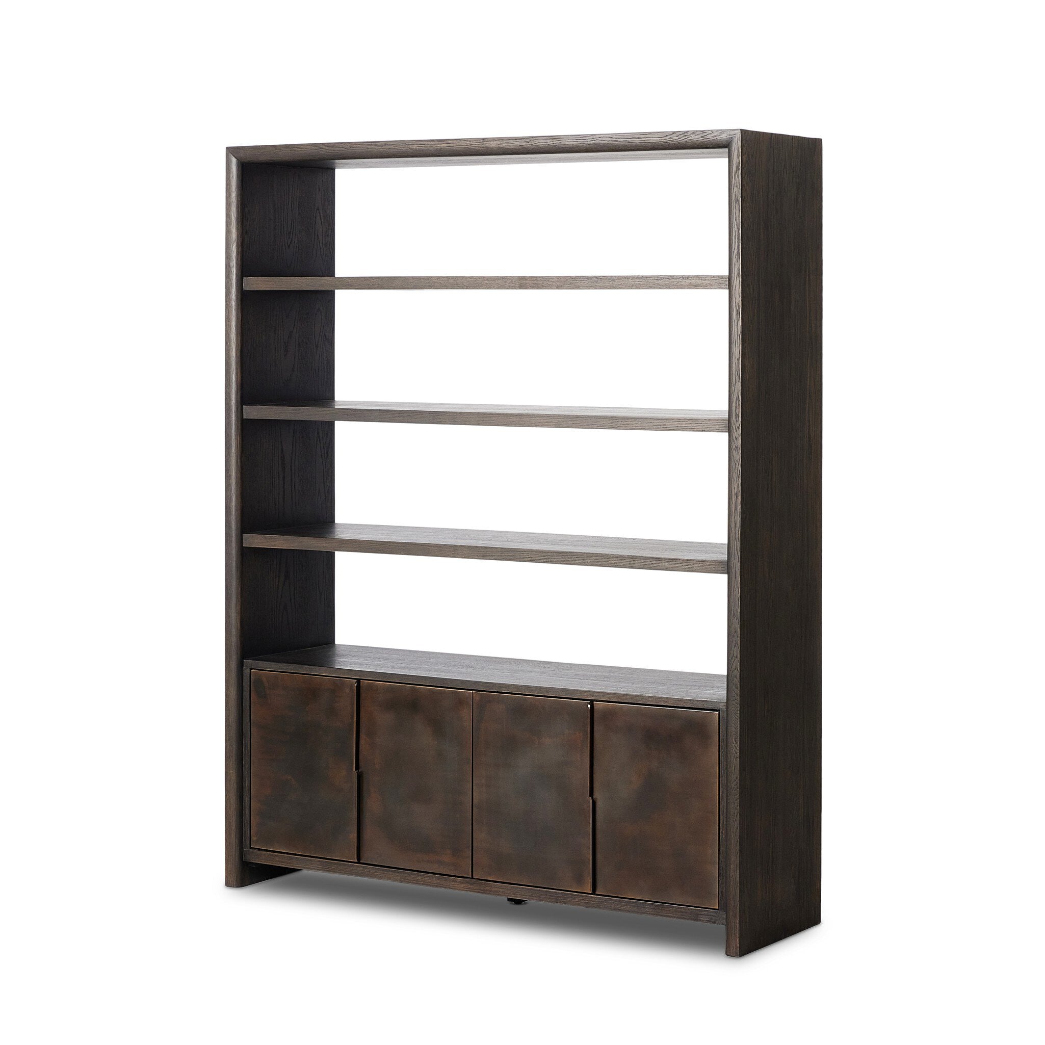 Featuring Arlington Espresso Oak Veneer Bookcase by Four Hands at Amethyst Home. Refined industrial style defines this wide bookcase. Dark oak shelving pairs with coffee-finished iron doors, for storage and display. Four open tiers for books and cherished items, while an open back adds lightness.Overall Dimensions: 68.50"w x 20.00"d x 88.00"hWeight : 326.39 lbsMaterials : Oak Veneer. Amethyst Home provides interior design, new construction, custom furniture, and area rugs in the Miami metro area