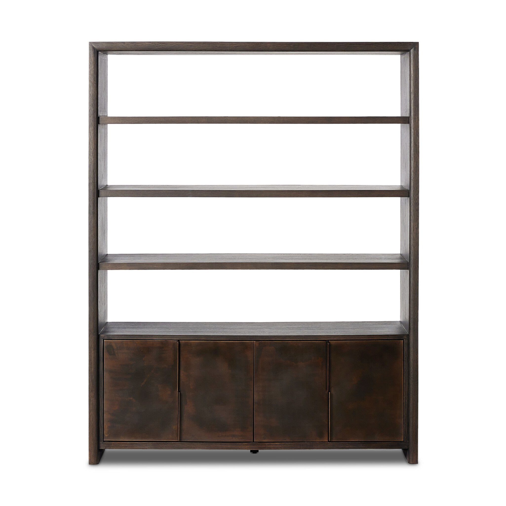 Featuring Arlington Espresso Oak Veneer Bookcase by Four Hands at Amethyst Home. Refined industrial style defines this wide bookcase. Dark oak shelving pairs with coffee-finished iron doors, for storage and display. Four open tiers for books and cherished items, while an open back adds lightness.Overall Dimensions: 68.50"w x 20.00"d x 88.00"hWeight : 326.39 lbsMaterials : Oak . Amethyst Home provides interior design, new construction, custom furniture, and area rugs in the Winter Garden metro area
