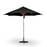 Featuring Baska Arashi Black Outdoor Round Umbrella by Four Hands at Amethyst Home. Inspired by the packable nature of 1800s campaign-style pieces, this outdoor umbrella features a teak pole and black canopy operated by a pulley system. Leather detailing and a woven rope cord offer subtle yet sophisticated finishes. Base sold separately. Cover or store indoors during inclement we. Amethyst Home provides interior design, new construction, custom furniture, and area rugs in the Alpharetta metro area