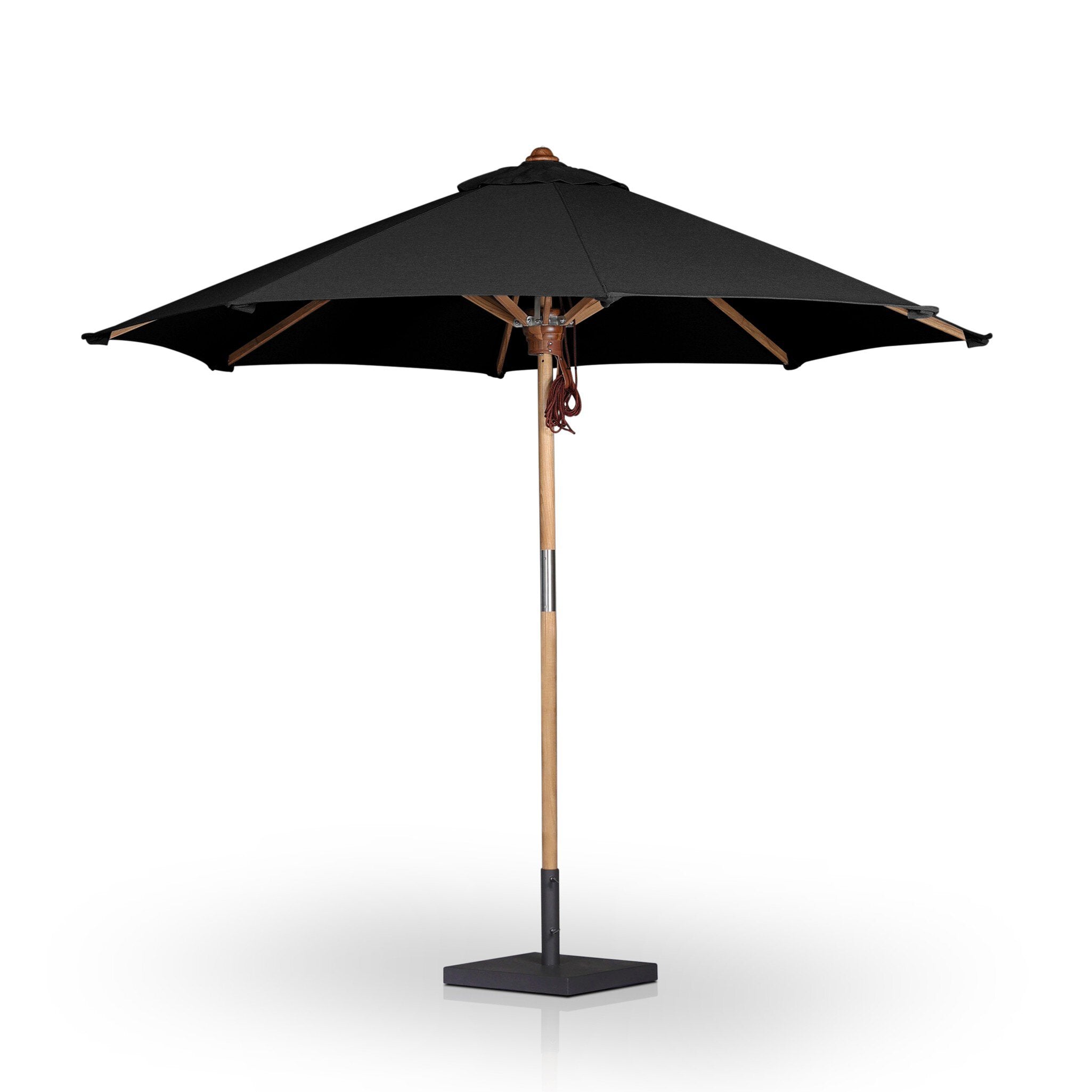 Featuring Baska Arashi Black Outdoor Round Umbrella by Four Hands at Amethyst Home. Inspired by the packable nature of 1800s campaign-style pieces, this outdoor umbrella features a teak pole and black canopy operated by a pulley system. Leather detailing and a woven rope cord offer subtle yet sophisticated finishes. Base sold separately. Cover or store indoors during inclement we. Amethyst Home provides interior design, new construction, custom furniture, and area rugs in the Alpharetta metro area