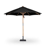 Featuring Baska Arashi Black Outdoor Round Umbrella by Four Hands at Amethyst Home. Inspired by the packable nature of 1800s campaign-style pieces, this outdoor umbrella features a teak pole and black canopy operated by a pulley system. Leather detailing and a woven rope cord offer subtle yet sophisticated finishes. Base sold separately. Cover or store indoors during inclement weathe. Amethyst Home provides interior design, new construction, custom furniture, and area rugs in the Boston metro area