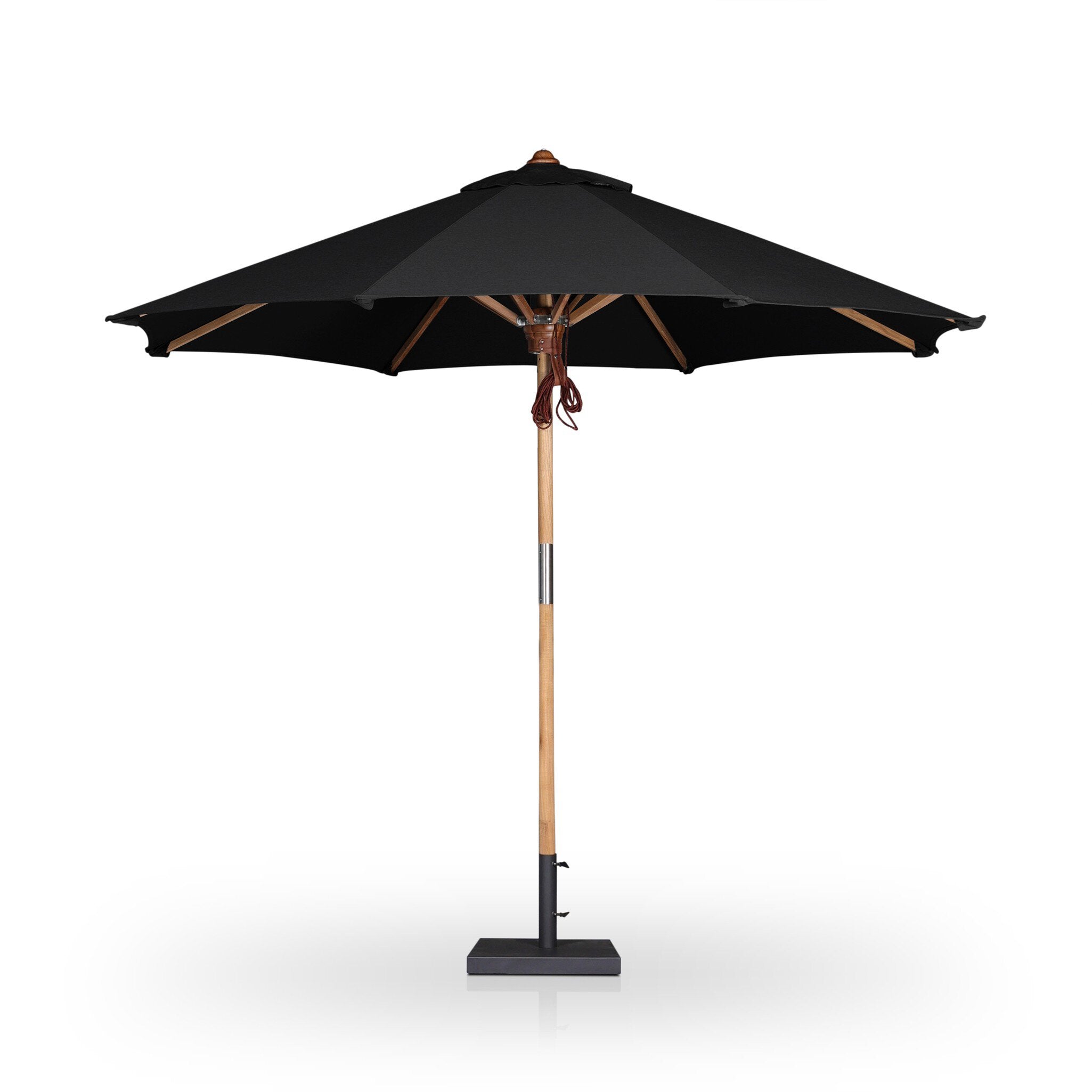 Featuring Baska Arashi Black Outdoor Round Umbrella by Four Hands at Amethyst Home. Inspired by the packable nature of 1800s campaign-style pieces, this outdoor umbrella features a teak pole and black canopy operated by a pulley system. Leather detailing and a woven rope cord offer subtle yet sophisticated finishes. Base sold separately. Cover or store indoors during inclement w. Amethyst Home provides interior design, new construction, custom furniture, and area rugs in the Los Angeles metro area