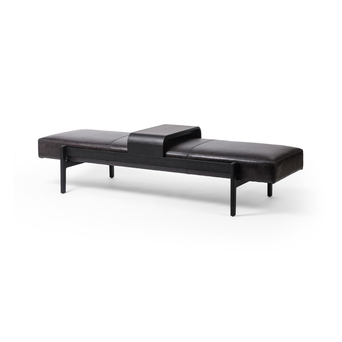 Featuring Fawkes Sonoma Black Bench by Four Hands at Amethyst Home. A uniquely modern statement piece inspired by the functional mid-century–style telephone bench, top-grain leather seating features a sliding tray of solid beechwood – the perfect place for a favorite book or cocktail. Great in the entryway or living room.Overall Dimensions: 78.75"w x 28.00"d x 20.00"hWeight : 59.7. Amethyst Home provides interior design, new construction, custom furniture, and area rugs in the Nashville metro area