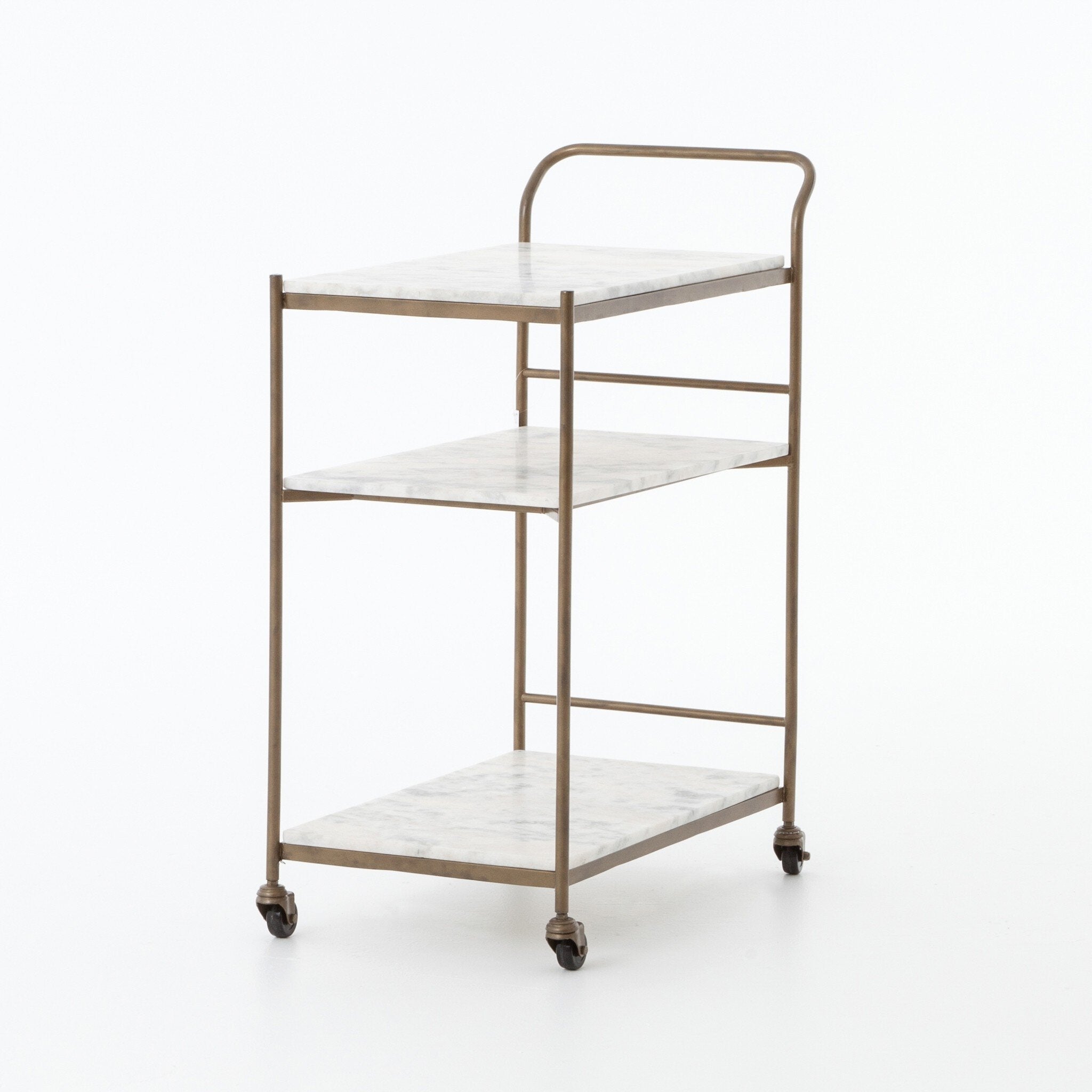Featuring Tatum Antique Brass Rectangular Bar Cart by Four Hands at Amethyst Home. Entertain with style.  Beautiful natural marble shelves with a brass frame instantly infuses your space with style.Overall Dimensions: 30.00"w x 16.00"d x 36.25"hWeight : 85.98 lbsMaterials : Iron, Solid Marble. Amethyst Home provides interior design, new construction, custom furniture, and area rugs in the Park City metro area