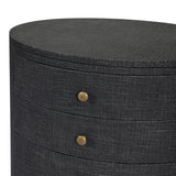 Featuring Amelia Black Linen Oval Nightstand by Four Hands at Amethyst Home. Uniquely made from black-painted linen, a beautifully curved nightstand shapes four drawers for generous bedside storage.Overall Dimensions: 26.00"w x 20.00"d x 24.00"hWeight : 87.08 lbsMaterials: Painted Linen, Engineered Hardwood. Amethyst Home provides interior design, new home construction design consulting, vintage area rugs, and lighting in the Houston metro area.
