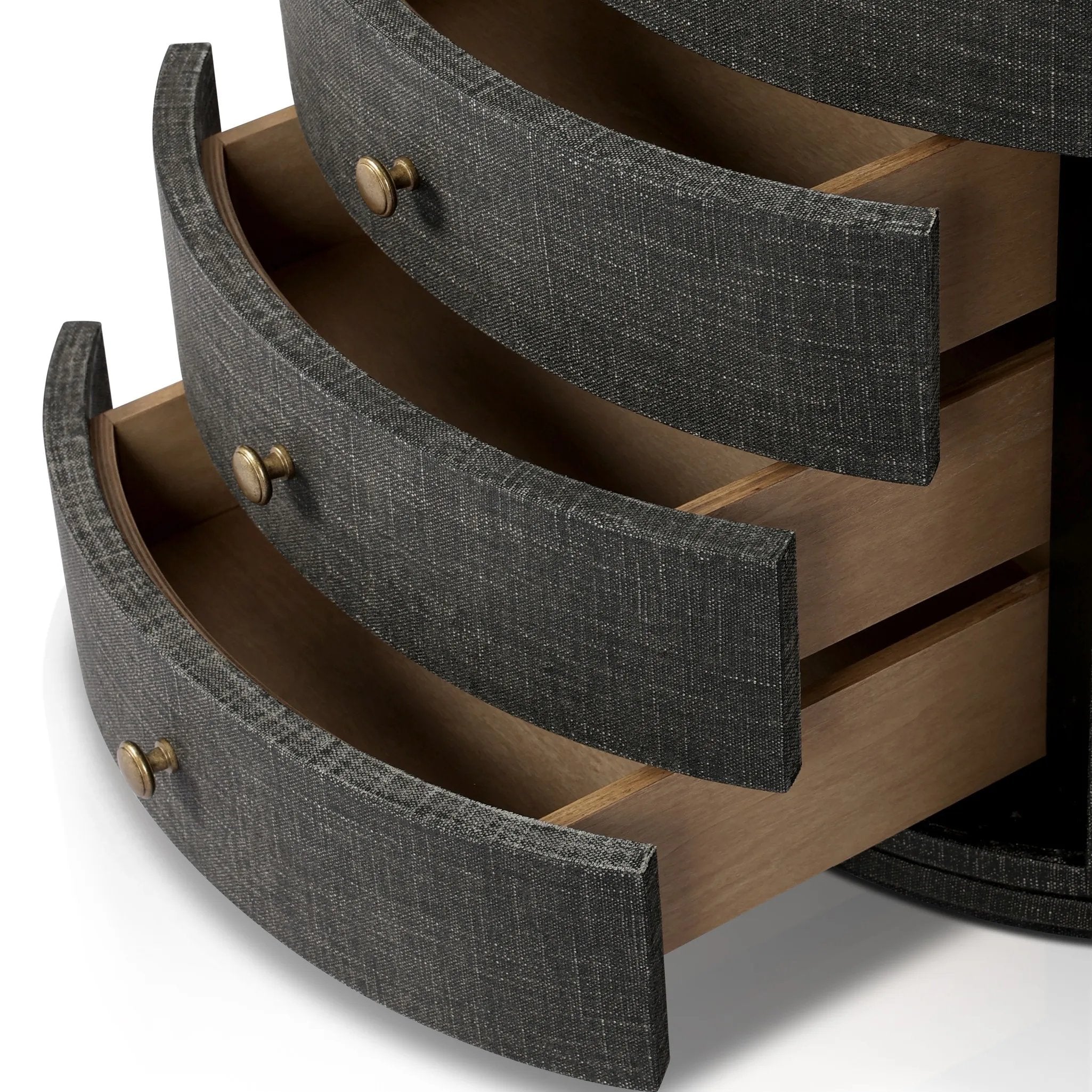 Featuring Amelia Black Linen Oval Nightstand by Four Hands at Amethyst Home. Uniquely made from black-painted linen, a beautifully curved nightstand shapes four drawers for generous bedside storage.Overall Dimensions: 26.00"w x 20.00"d x 24.00"hWeight : 87.08 lbsMaterials: Painted Linen, Engineered Hardwood. Amethyst Home provides interior design, new home construction design consulting, vintage area rugs, and lighting in the Omaha metro area.