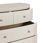 Uniquely made from ivory-painted linen, a beautifully curved drawer chest gives shape to generous storage for clothes, accessories and more Amethyst Home provides interior design, new home construction design consulting, vintage area rugs, and lighting in the Dallas metro area.
