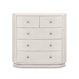 Uniquely made from ivory-painted linen, a beautifully curved drawer chest gives shape to generous storage for clothes, accessories and more Amethyst Home provides interior design, new home construction design consulting, vintage area rugs, and lighting in the Houston metro area.