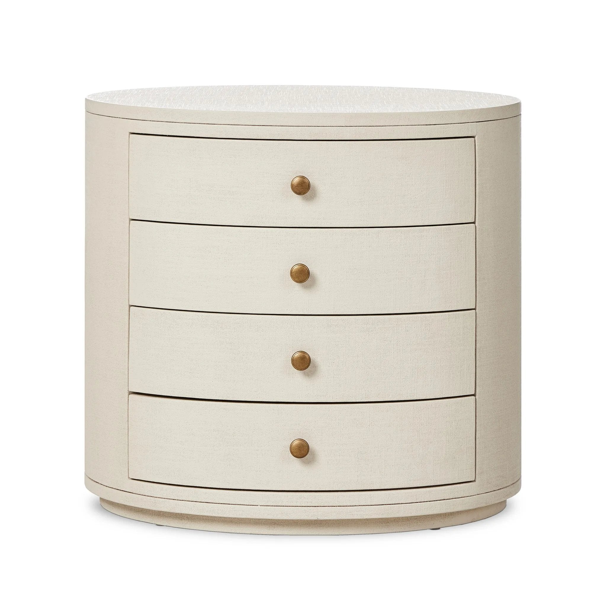 Featuring Amelia Ivory Painted Linen Oval Nightstand by Four Hands at Amethyst Home. Uniquely made from ivory-painted linen, a beautifully curved nightstand shapes four drawers for generous bedside storage.Overall Dimensions: 26.00"w x 20.00"d x 24.00"hWeight : 87.08 lbsMaterials: Painted Linen, Engineered Hardwood. Amethyst Home provides interior design, new home construction design consulting, vintage area rugs, and lighting in the Miami metro area.