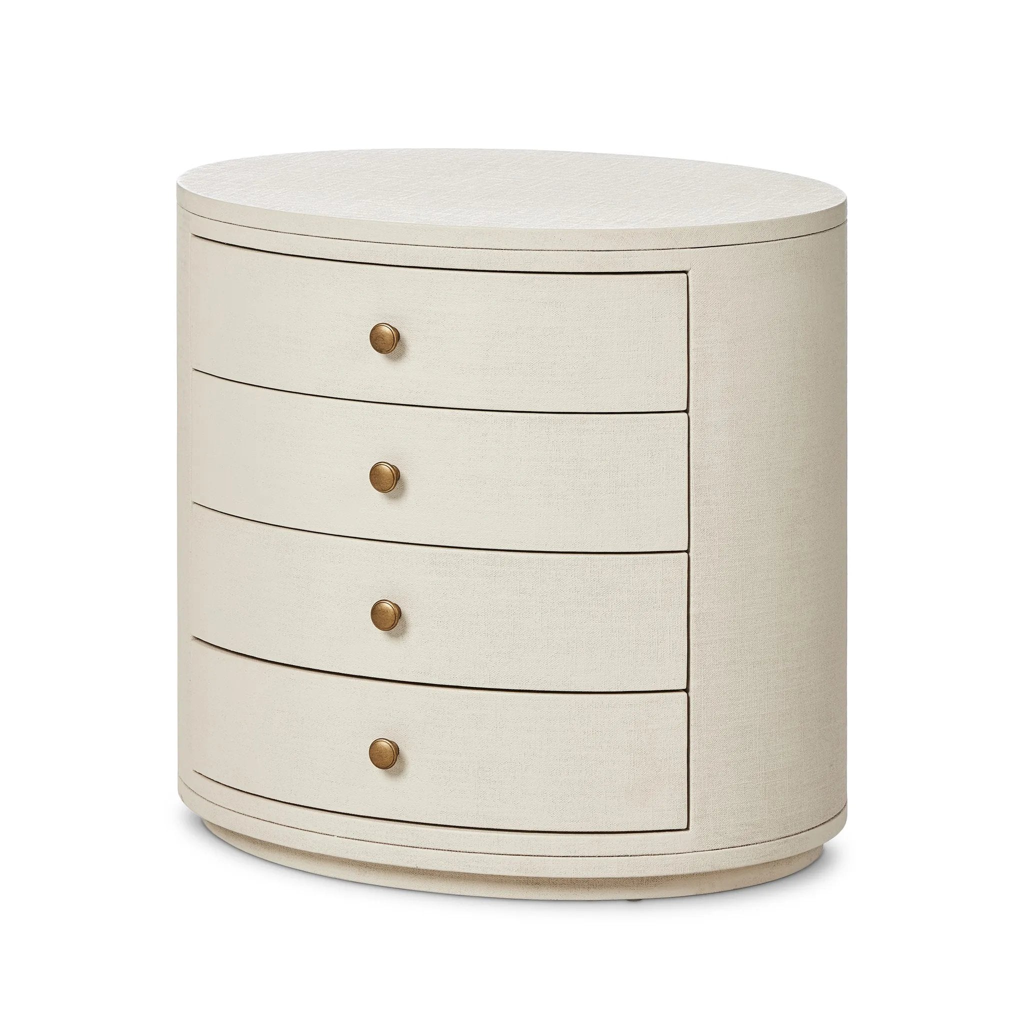 Featuring Amelia Ivory Painted Linen Oval Nightstand by Four Hands at Amethyst Home. Uniquely made from ivory-painted linen, a beautifully curved nightstand shapes four drawers for generous bedside storage.Overall Dimensions: 26.00"w x 20.00"d x 24.00"hWeight : 87.08 lbsMaterials: Painted Linen, Engineered Hardwood. Amethyst Home provides interior design, new home construction design consulting, vintage area rugs, and lighting in the Salt Lake City metro area.