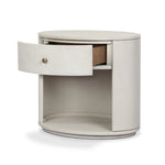 Uniquely made from ivory-painted linen, a beautifully curved nightstand shapes a single drawer and an open cubby for generous bedside storage Amethyst Home provides interior design, new home construction design consulting, vintage area rugs, and lighting in the Alpharetta metro area.