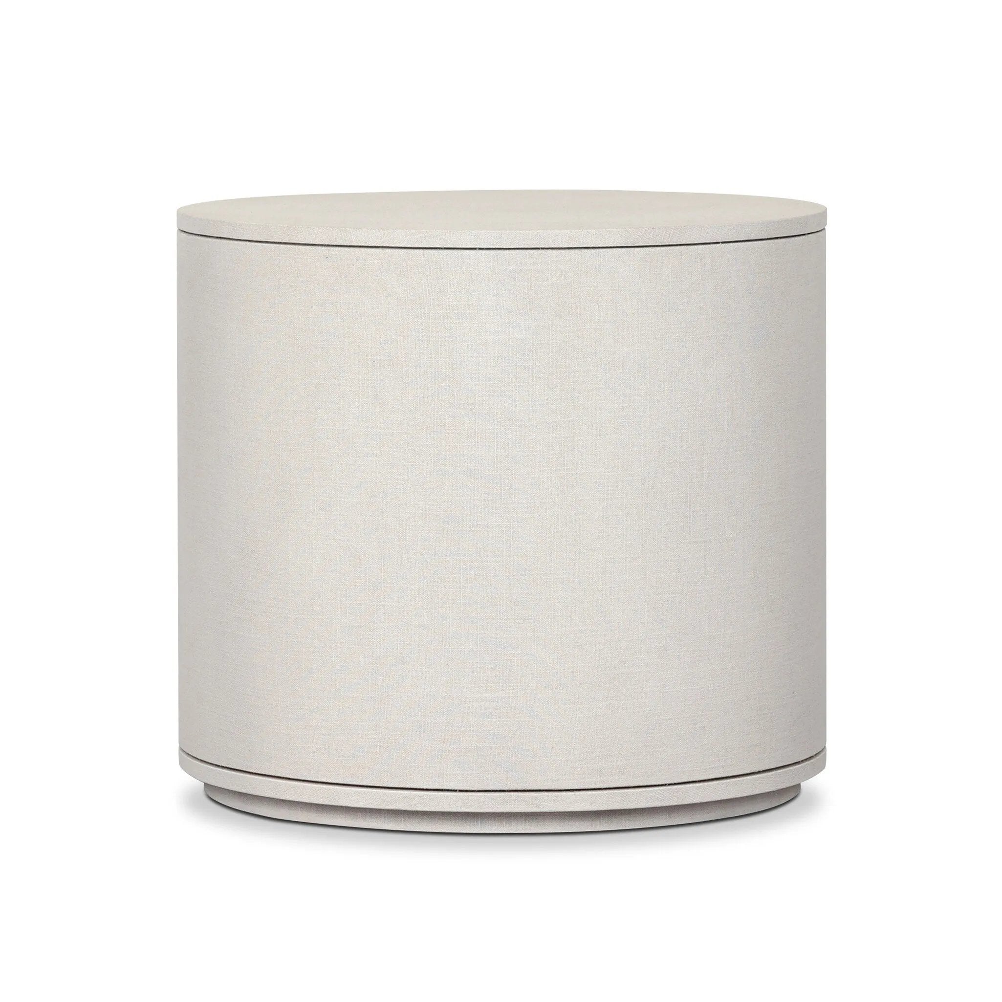 Uniquely made from ivory-painted linen, a beautifully curved nightstand shapes a single drawer and an open cubby for generous bedside storage Amethyst Home provides interior design, new home construction design consulting, vintage area rugs, and lighting in the Boston metro area.