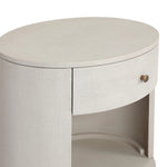 Uniquely made from ivory-painted linen, a beautifully curved nightstand shapes a single drawer and an open cubby for generous bedside storage Amethyst Home provides interior design, new home construction design consulting, vintage area rugs, and lighting in the Los Angeles metro area.
