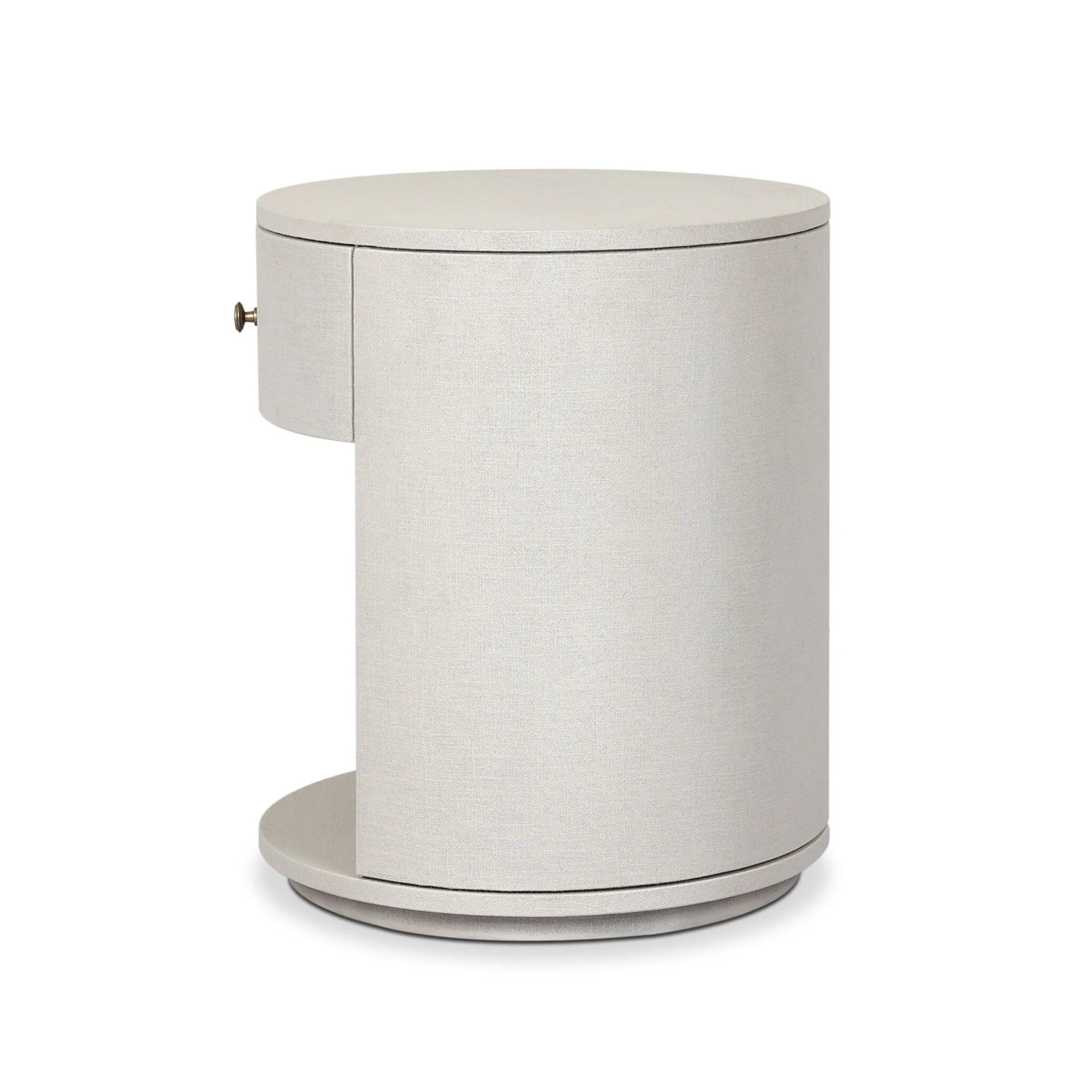 Uniquely made from ivory-painted linen, a beautifully curved nightstand shapes a single drawer and an open cubby for generous bedside storage Amethyst Home provides interior design, new home construction design consulting, vintage area rugs, and lighting in the Newport Beach metro area.