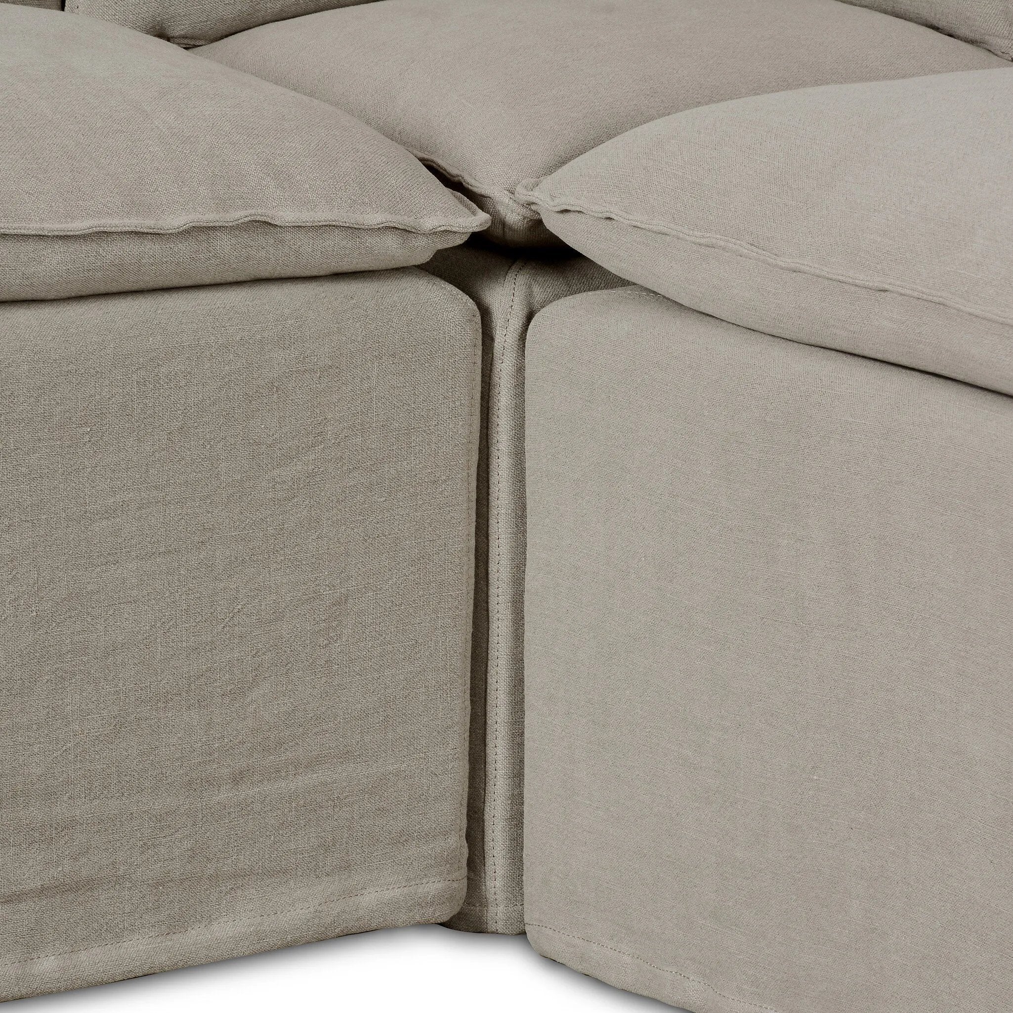 Featuring Andre Broadway Stone  Slipcover Dining Banquette by Four Hands at Amethyst Home. Expertly crafted with a sleek shape and supportive cushioning, the Andre Shape 131" - Broadway Stone sofa adds sophisticated style to any dining space. Available in L shape, this slipcover dining banquette provides maximum comfort and a modern aesthetic. 
Overall Dimensi. Amethyst Home provides interior design, new home construction design consulting, vintage area rugs, and lighting in the Austin metro area.