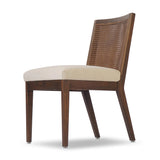 Featuring Antonia Savile Flax Cane Armless Dining Chair by Four Hands at Amethyst Home. Mixed materials refresh a retro style. Cane frames performance fabric seating with slight distressing, bringing more character to the seat. Performance fabrics are specially created to withstand spills, stains, high traffic and wear, ensuring long-term comfort and unmatc. Amethyst Home provides interior design, new home construction design consulting, vintage area rugs, and lighting in the San Diego metro area.