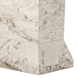 Monolithic and bold, this pedestal-style console table is constructed of precisely cut, creamy brown marble. Angular edges and cut corners bring smooth surface transitions for subtle visual and geometric intrigue Amethyst Home provides interior design, new home construction design consulting, vintage area rugs, and lighting in the Austin metro area.
