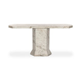 Monolithic and bold, this pedestal-style console table is constructed of precisely cut, creamy brown marble. Angular edges and cut corners bring smooth surface transitions for subtle visual and geometric intrigue Amethyst Home provides interior design, new home construction design consulting, vintage area rugs, and lighting in the Boston metro area.