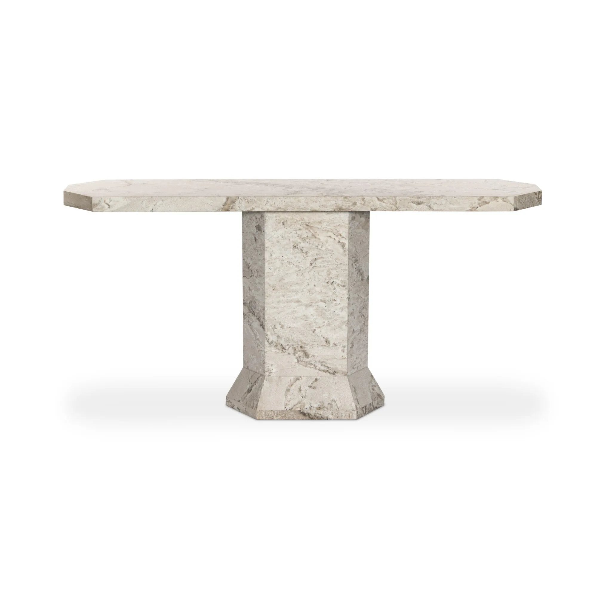 Monolithic and bold, this pedestal-style console table is constructed of precisely cut, creamy brown marble. Angular edges and cut corners bring smooth surface transitions for subtle visual and geometric intrigue Amethyst Home provides interior design, new home construction design consulting, vintage area rugs, and lighting in the Boston metro area.