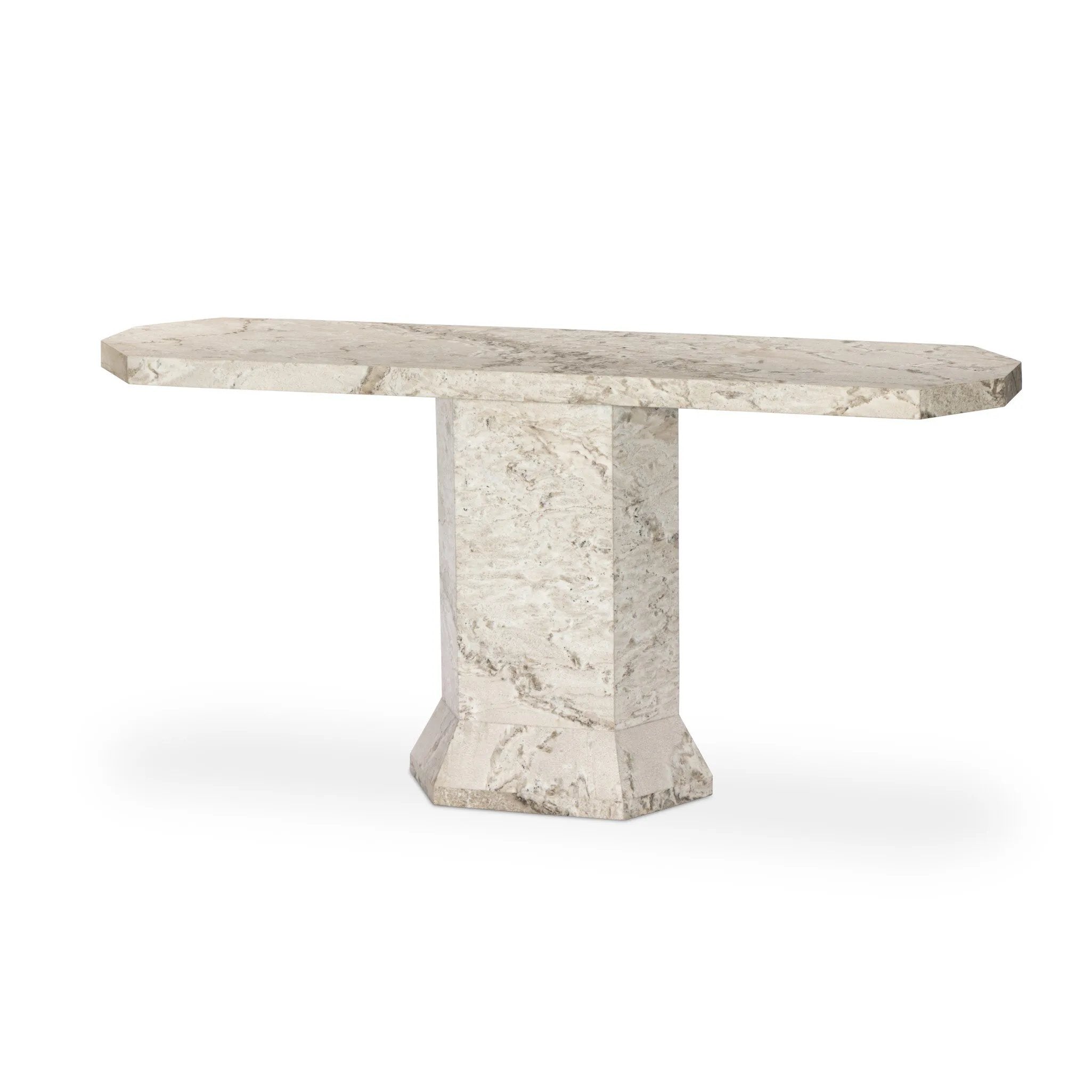 Monolithic and bold, this pedestal-style console table is constructed of precisely cut, creamy brown marble. Angular edges and cut corners bring smooth surface transitions for subtle visual and geometric intrigue Amethyst Home provides interior design, new home construction design consulting, vintage area rugs, and lighting in the Scottsdale metro area.