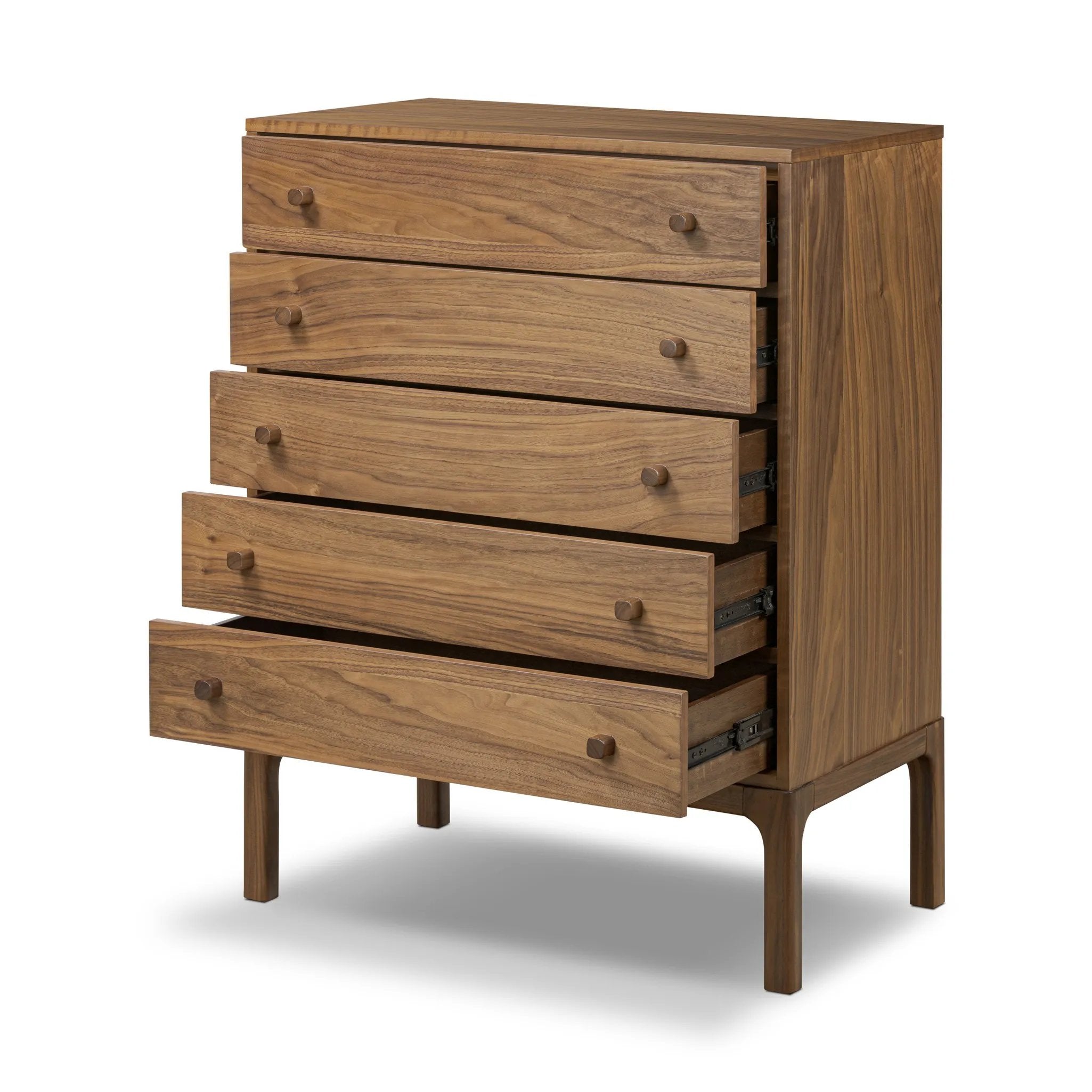 Featuring Arturo Natural Walnut Veneer Chest by Four Hands at Amethyst Home. Inspired by campaign-style furniture of the 1800s — packable pieces first designed for traveling military use — a simply shaped chest of natural walnut features a subtly inset top and rounded legs, finished with wooden hardware. This item has been modified to comply with the STURDY. Amethyst Home provides interior design, new home construction design consulting, vintage area rugs, and lighting in the Nashville metro area.
