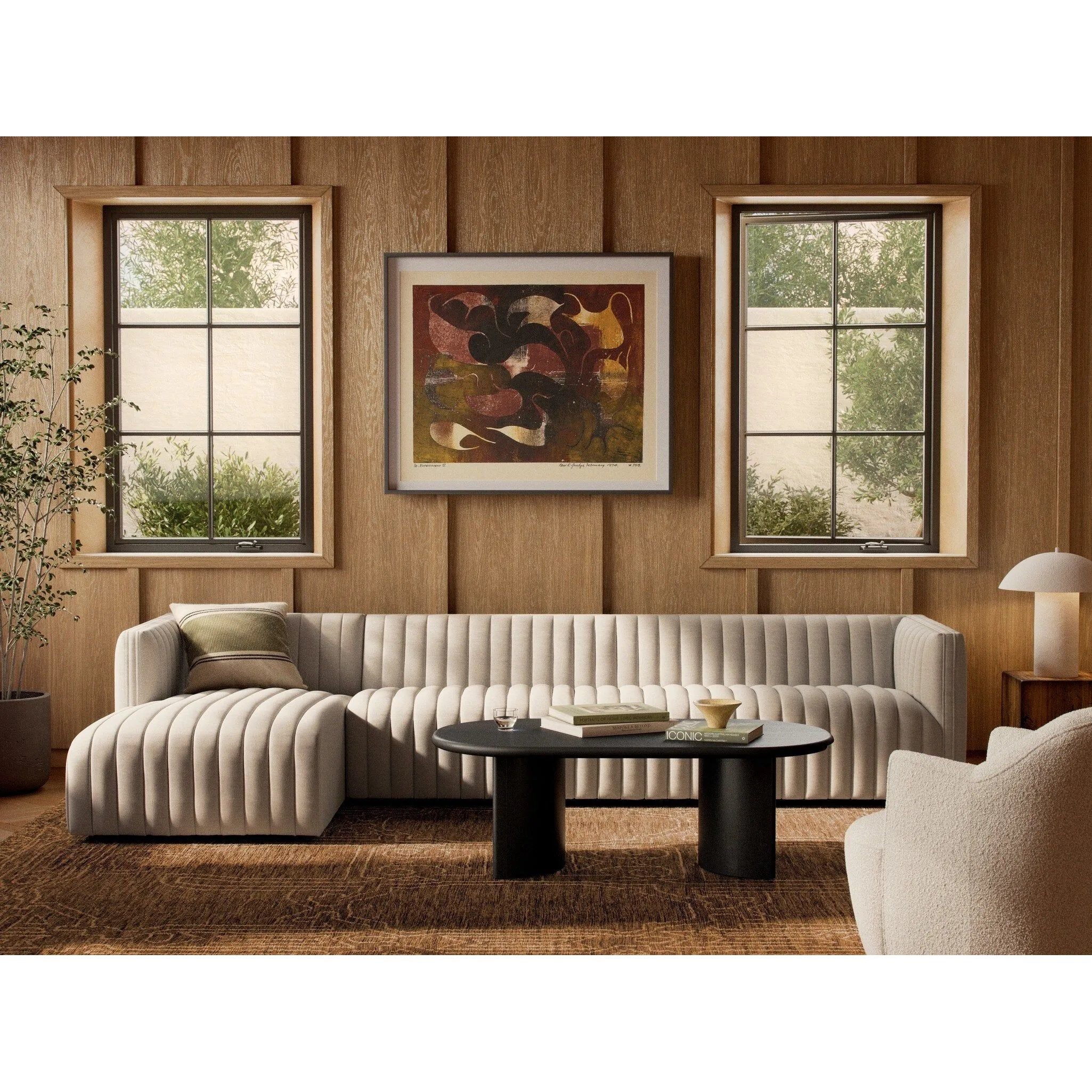 Featuring Augustine Dover Crescent 2-Piece Sectional by Four Hands at Amethyst Home. A dramatically channeled sofa with white linen-blend upholstery offers a crisp, clean look and sumptuous sit. Two-piece sectional with right arm-facing chaise, sized for larger spaces.Left ChaiseOverall Dimensions: 126.00"w x 64.00"d x 26.50"hWeight: 189.59 lbsRight ChaiseOvera. Amethyst Home provides interior design, new home construction design consulting, vintage area rugs, and lighting in the Miami metro area.